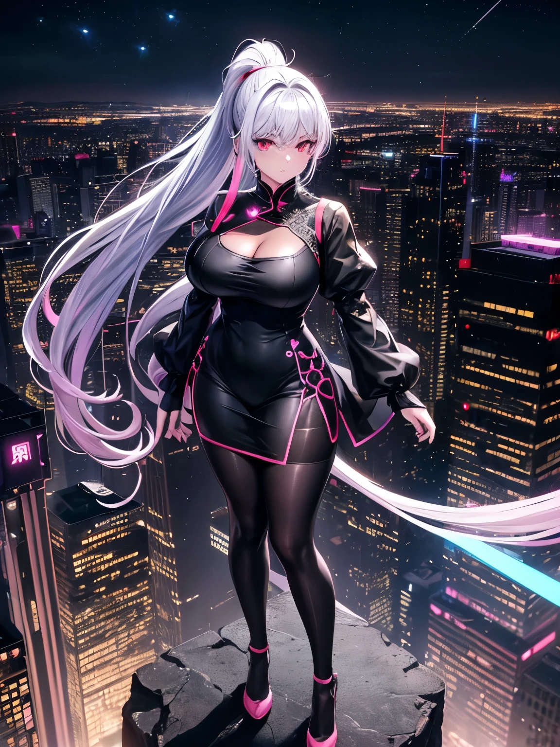 anime, (artwork, best quality, ultra-detailed, high contrast), 1 woman (Alone, full body, plus size body, standing on the edge of the skyscraper, silver hair, LONG In a ponytail, red eyes, perfect eyes ruby sparkles, (simple black qipao, black cybernetics with neon pink), transparent black socks), (skyscraper roof, overlooking a city, detailed background ((night time, Darkness, low light pollution)))