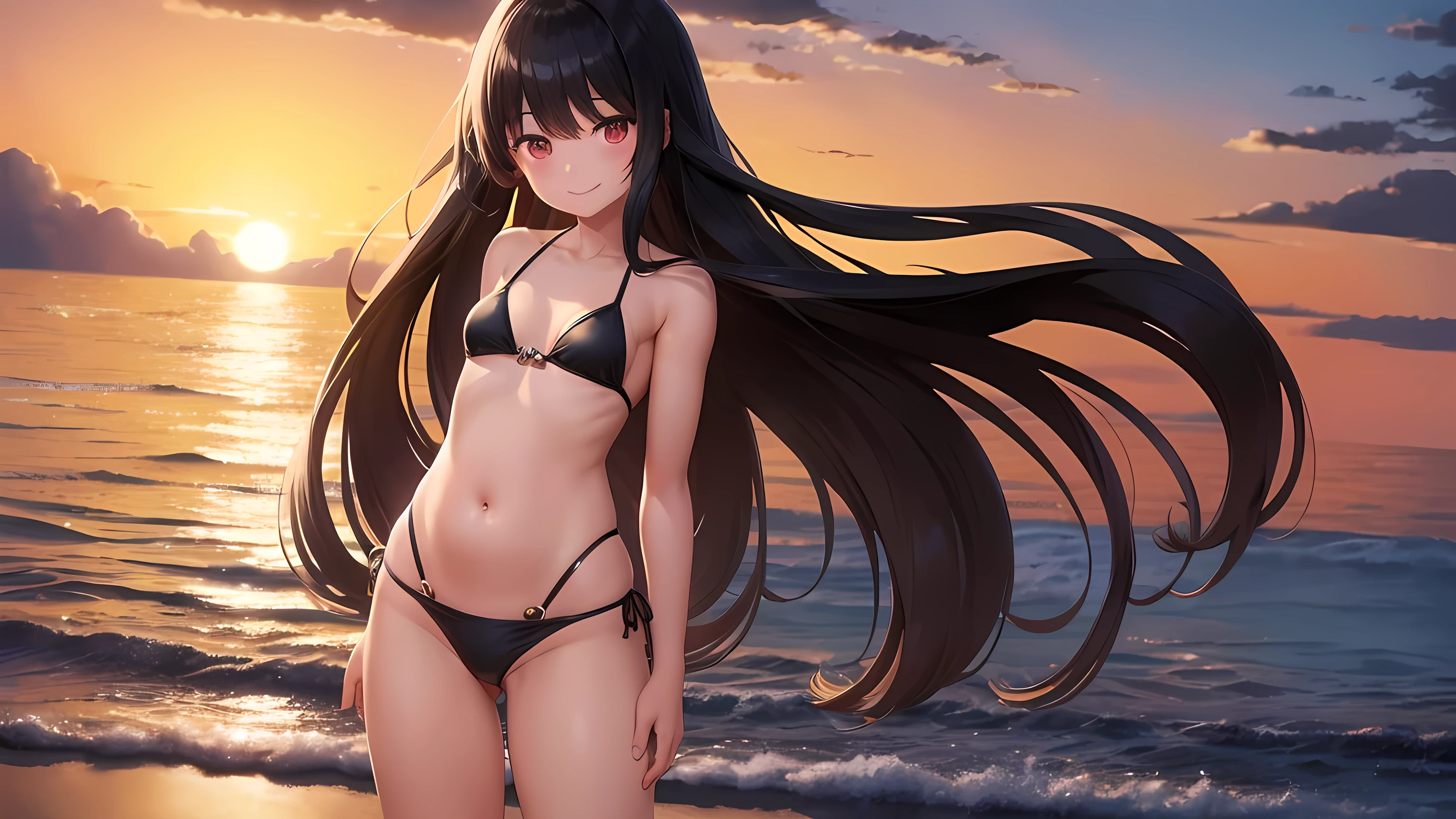 anime girl standing on the beach, ocean in the background, sunset, beautiful sky, clear water, wind, waves, (1girl), long black hair, brown eyes, small breasts, wearing a black swimsuit, belly button, smile, blush, high quality 