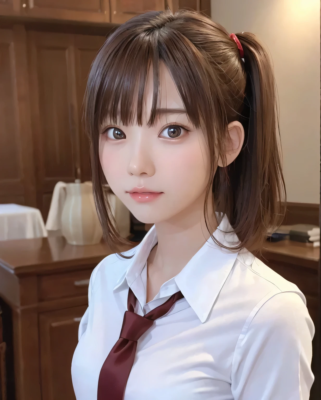 8K、highest quality、masterpiece、1 Girl、()、(Upper Shot:1.1)、slim、slender、cute、White shirt、tie shirt、Dark red tie、Brown Hair、Side Ponytail、(Background blur:1.3)、(Beautiful photorealistic、High resolution)、Professional lighting and shadows