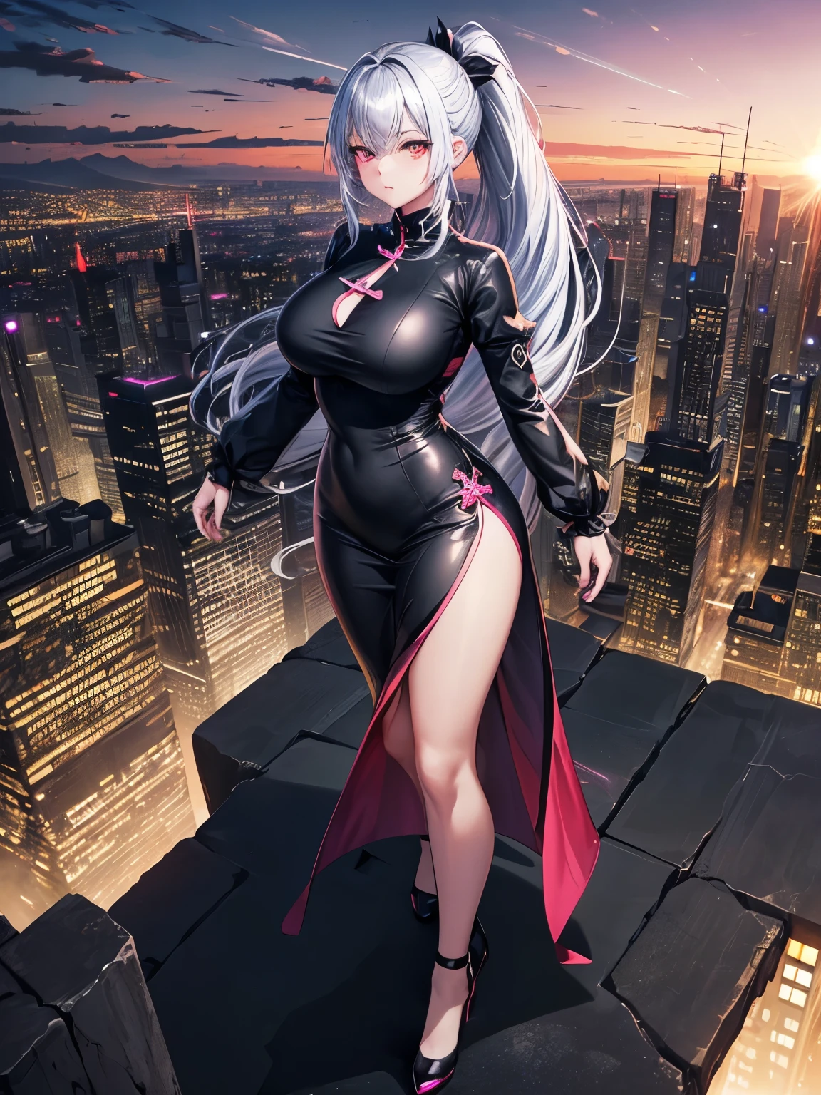 anime, (artwork, best quality, ultra-detailed, high contrast), 1 woman (Alone, full body, plus size body, standing on the edge of the skyscraper, silver hair, LONG In a ponytail, red eyes, perfect eyes ruby sparkles, (simple black qipao, black cybernetics with neon pink), transparent black socks), (skyscraper roof, overlooking a city, detailed background ((night time, Darkness, low light pollution)))