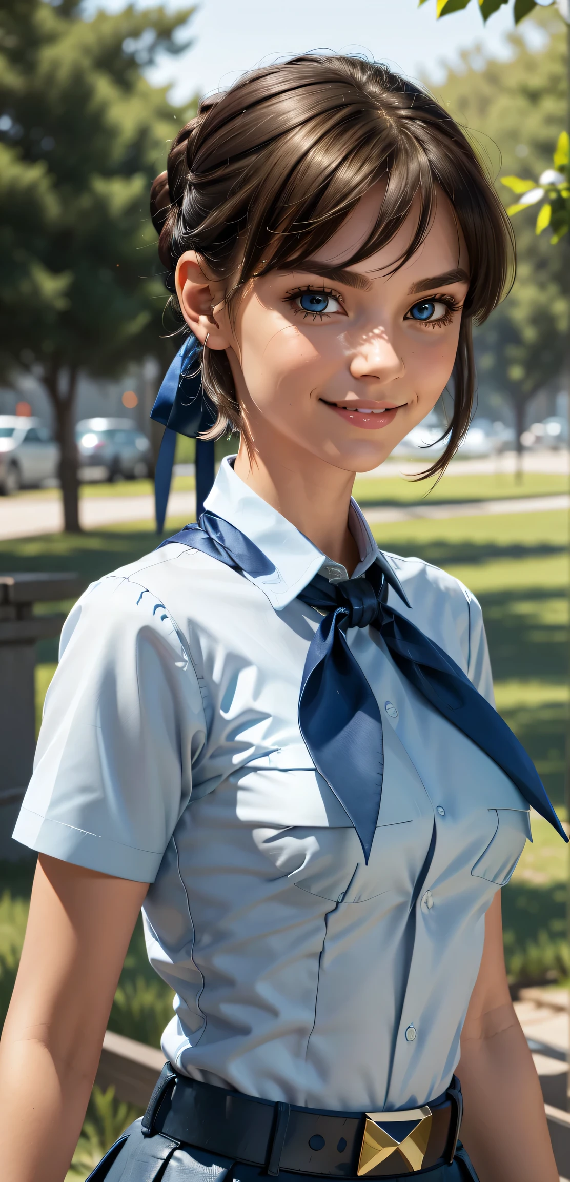 very young slim fit girl, full height, rounded face, big blue eyes, shy smile, perfect flat breast, pioneer neckerchief, micro tight blue pleated skirt, bangs, tight white shirt, short sleeves, collared shirt, belt, red neckerchief, breast pocket, braid, hair ribbon, blue ribbon, short hair, hair bun, saber