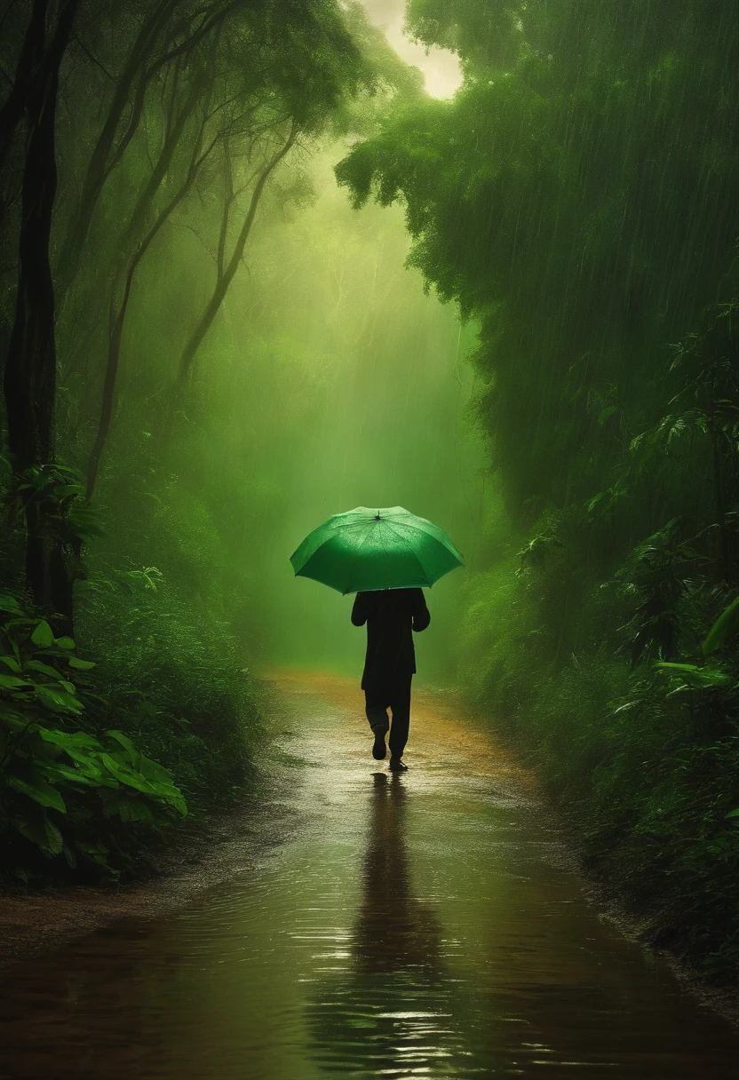 Long range image of a person standing in rain with an umbrella in light rain in pathway in middle of jungle with a green light and monsoon environment. Painting effect