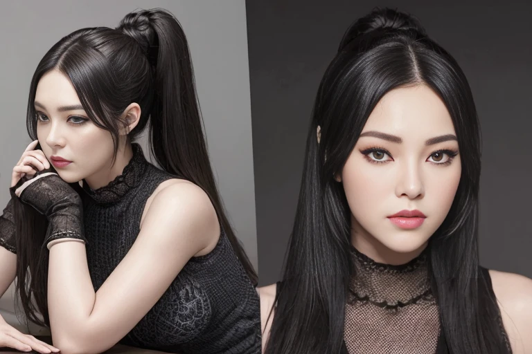 ((Top Quality、16K、​masterpiece:1.3))、a tall and beautiful woman、Perfect Figure:1.4、(gothic aesthetic) Slim Abs、(goth girl) black hairstyle、long hair、No postural movement、Stand up straight、Huge bust、Highly detailed facial and skin texture、(A detailed eye, Symmetry Eyes, Clear realistic eyes, Double eyelidd、Cold-stricken face、Symmetrical face), pale-white skin (illuminated, realistic shading sound), goth makeup, Royal sisters full of fans、The Telegraph Esbian、peach buttocks、(black gothic Knit Dress, Very Tight Knit), squart、(Raw foto:1.2)、((Photorealcitic:1.4))Top Quality、​masterpiece、Real Photography、very delicate and beautiful.、super detailed CG、Unity、8K photo wallpaper、delicate detail、best qualtiy、Highly detailed CG unity 8k wallpaper、absurderes、Incredibly Absurd、huge file size、extremely highly detailed、Hight Resolution、ighly Details、Beautiful detail girl、extremely detailed eyes and face、beautiful delicate eyes、Facial light、cinematic lightings、(big hips, thick thighs, beautiful legs, black pantyhose) 1girll、see -through,Watch your audience, Plane Air, high ponytail、ulzzang-6500、The Telegraph Esbian, different poses at different angles,