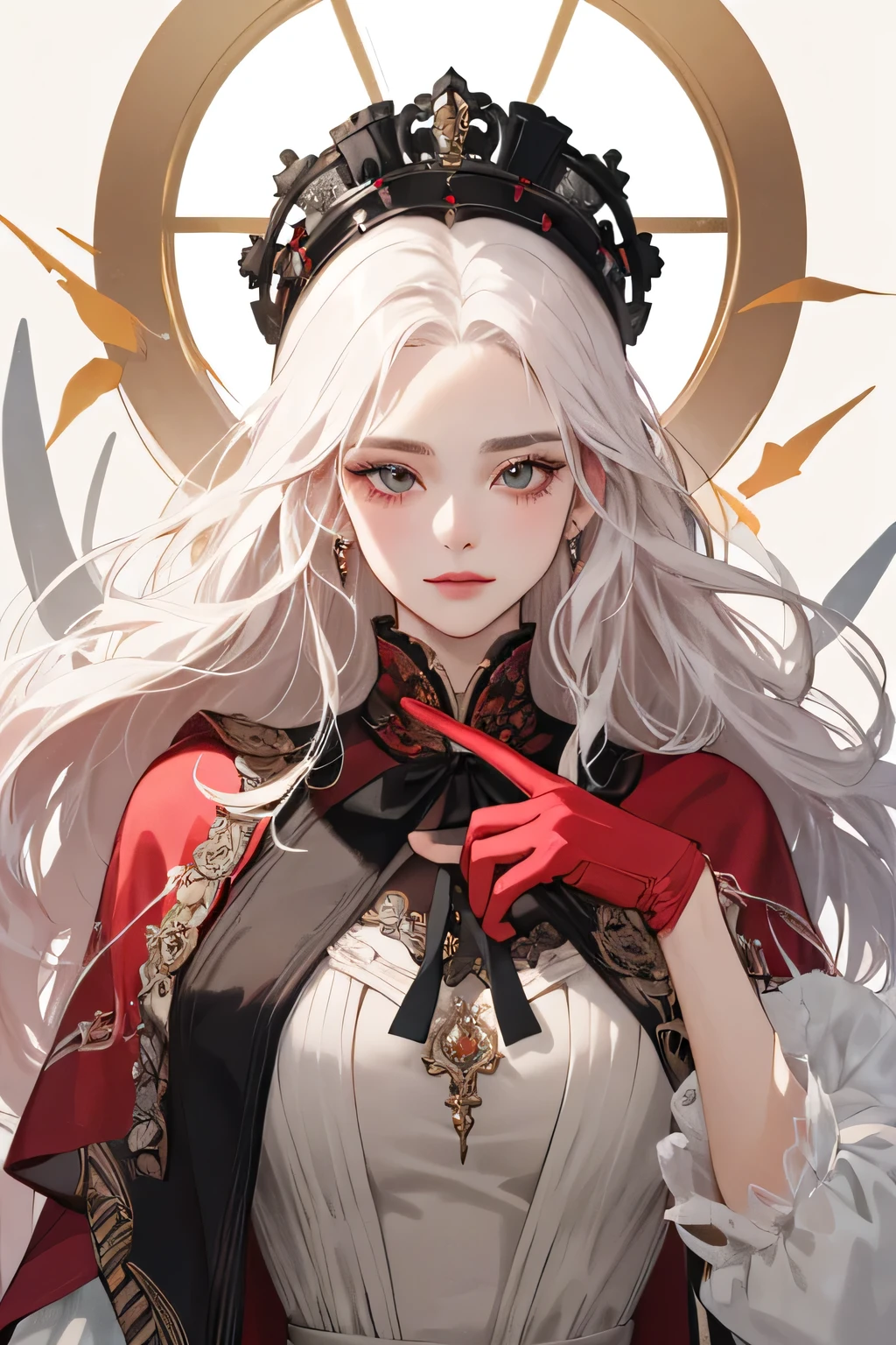 Empress, old women, women, 1 women, beautyfull, power, very tall, big body, perfect body, elegant, kharisma, shine, cool, depicting Equal eyes, (A female god) Look at camera, depicting delicate facial features, red yunani romawi dress, red gloves, gothic style, ribbon, long white hair, extreme detail, delicate depiction, black eyes, royal dress, elegant, noble, royal dress pink, black eyes, black eyes, perfect eyes, jewerlly, white long hair, white long hair, with pink victorian style