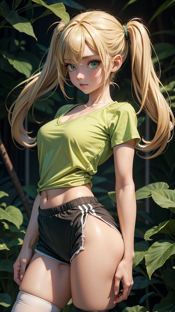 (masterpiece), (best quality), (detailed), light layer, 1solo girl, young girl, perfect body, blonde hair in pigtails, defined chest, defined collarbone, ultra realistic, photorealistic, detailed, ,Enhance, wearing a busty low green v-neck anime shirt and green booty shorts, thigh high socks and sneakers, playground background, upper body 