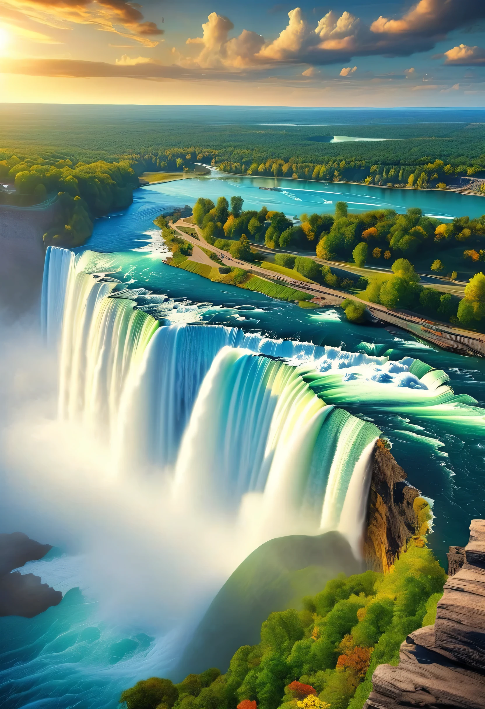 (highest quality,4K,High resolution,masterpiece:1.2),Ultra-fine (realism:1.37), Niagara Falls was the world&#39;s first waterfall、It&#39;s truly an amazing waterfall.. The rainbow scenery that forms when a large amount of water flows down、It creates a truly awe-inspiring sight.。. The waterfall is very high、widely、Attractive、The sound of rushing water can be heard up to 30 kilometers away.。. The power and magnitude of the water flowing over the falls is breathtaking.、It&#39;s a force of nature that can&#39;t be ignored.。. A combination of natural beauty of waterfalls, Vibrant colors and incredible energy make this an iconic landmark. This breathtaking scene was captured through the medium of photography., Ensuring the highest level of detail and realism. Focused on showcasing the waterfall in its purest form, Water flows down and is reflected clearly. The vivid details of the water droplets and the natural environment、Give the viewer an immersive experience。.The use of High resolutionR technology and studio lighting further enhances the quality of the image, Bringing each element of the scene to life. Enjoy the natural beauty of Niagara Falls, The blue hue of the water contrasts with the lush surrounding landscape.. The sunlight creates fascinating patterns on the water&#39;s surface., Witness the interplay of light and shadow. The size of the waterfall emphasizes its grandeur..