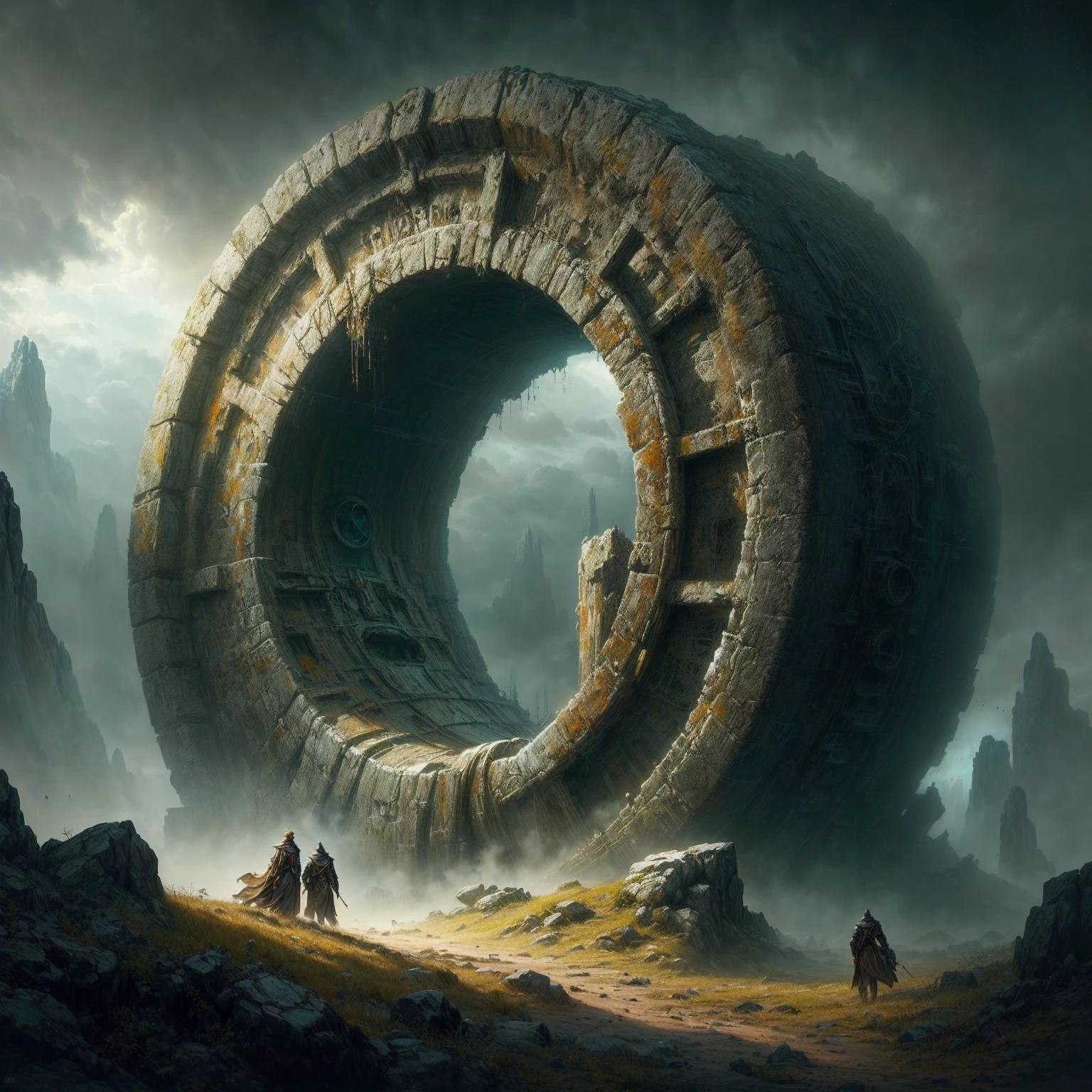painting of a huge stone wheel monument, mystische Sci-Fi-Konzeptkunst, Science-Fiction-Fantasy-Kunst, Greg Beeple, antike Science-Fiction-Kunst, alt und doch futuristisch, epische Sci-Fi-Fantasy-Kunst, epische Fantasy-Sci-Fi-Illustration, Andreas Rocha und John Howe, alt futuristisch, Science-Fiction-Kunstwerk, Sci-Fi-Epos, digitale Kunst, Symmetrische epische Fantasy-Kunst