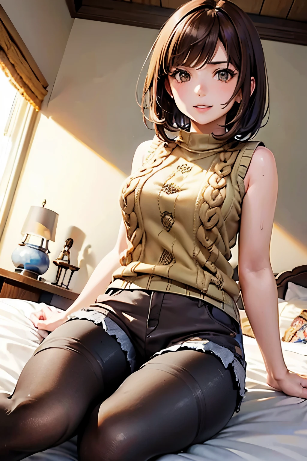 Luca Milfi、Gokaiger、Brown Hair、Short Hair、((pantyhose))、Photo from below、Medium chest、Bedroom、((hot pants))、((Sleeveless knitwear))、Leg spread