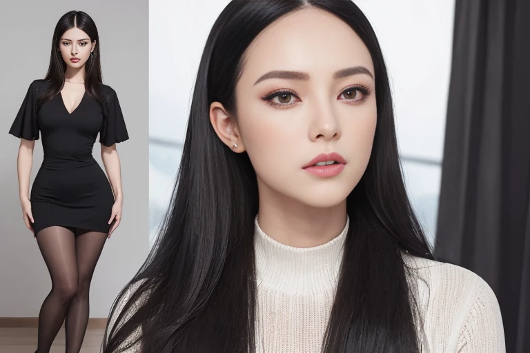 ((Top Quality、16K、​masterpiece:1.3))、a tall and beautiful woman、Perfect Figure:1.4、(gothic aesthetic) Slim Abs、(goth girl) black hairstyle、long hair、No postural movement、Stand up straight、Huge bust、Highly detailed facial and skin texture、(A detailed eye, Symmetry Eyes, Clear realistic eyes, Double eyelidd、Cold-stricken face、Symmetrical face), pale-white skin (illuminated, realistic shading sound), goth makeup, Royal sisters full of fans、The Telegraph Esbian、peach buttocks、(black gothic Knit Dress, Very Tight Knit), squart、(Raw foto:1.2)、((Photorealcitic:1.4))Top Quality、​masterpiece、Real Photography、very delicate and beautiful.、super detailed CG、Unity、8K photo wallpaper、delicate detail、best qualtiy、Highly detailed CG unity 8k wallpaper、absurderes、Incredibly Absurd、huge file size、extremely highly detailed、Hight Resolution、ighly Details、Beautiful detail girl、extremely detailed eyes and face、beautiful delicate eyes、Facial light、cinematic lightings、(big hips, thick thighs, beautiful legs, black pantyhose) 1girll、see -through,Watch your audience, Plane Air, high ponytail、ulzzang-6500、The Telegraph Esbian,