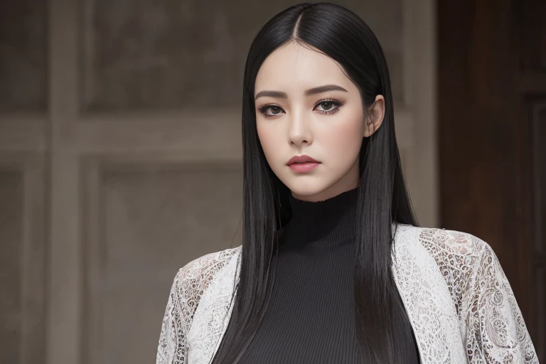 ((Top Quality、16K、masterpiece:1.3))、a tall and beautiful woman、Perfect Figure:1.4、(gothic aesthetic) Slim Abs、(goth girl) black hairstyle、long hair、No postural movement、Stand up straight、Huge bust、Highly detailed facial and skin texture、(A detailed eye, Symmetry Eyes, Clear realistic eyes, Double eyelidd、Cold-stricken face、Symmetrical face), pale-white skin (illuminated, realistic shading sound), goth makeup, Royal sisters full of fans、The Telegraph Esbian、peach buttocks、(black gothic Knit Dress, Very Tight Knit), squart、(Raw foto:1.2)、((Photorealcitic:1.4))Top Quality、masterpiece、Real Photography、very delicate and beautiful.、super detailed CG、Unity、8K photo wallpaper、delicate detail、best qualtiy、Highly detailed CG unity 8k wallpaper、absurderes、Incredibly Absurd、huge file size、extremely highly detailed、Hight Resolution、ighly Details、Beautiful detail girl、extremely detailed eyes and face、beautiful delicate eyes、Facial light、cinematic lightings、(big hips, thick thighs, beautiful legs, black pantyhose) 1girll、see -through,Watch your audience, Plane Air, high ponytail、ulzzang-6500、The Telegraph Esbian,