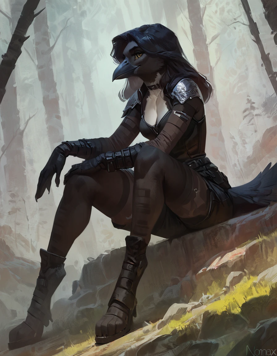 female anthro crow avian, by nomax, By Ruan Jia, by ross tran solo, forest, sitting, cute face, proud expression, sitting, hair, detailed, newest, feet, sexy, leather armor, thief, top, shorts, 2023, best_quality, high_quality, absurd_res, hi_res, detailed 