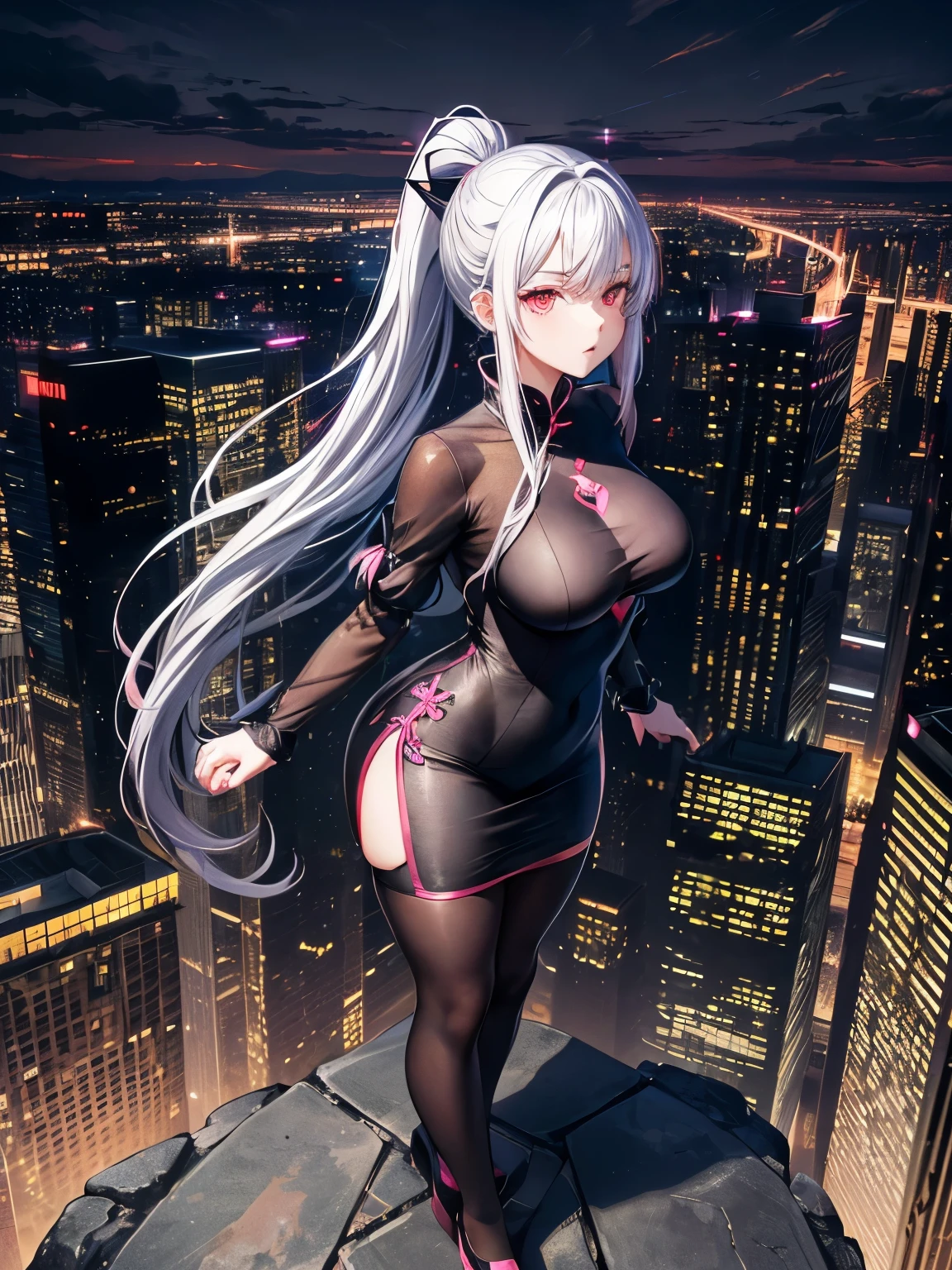 anime, (artwork, best quality, ultra-detailed, high contrast), 1 woman (Alone, full body, plus size body, standing on the edge of the skyscraper, silver hair, LONG In a ponytail, red eyes, perfect eyes ruby sparkles, (simple black qipao, black cybernetics with neon pink), transparent black socks), (skyscraper roof, overlooking a city, detailed background ((night time, Darkness, low light pollution)))