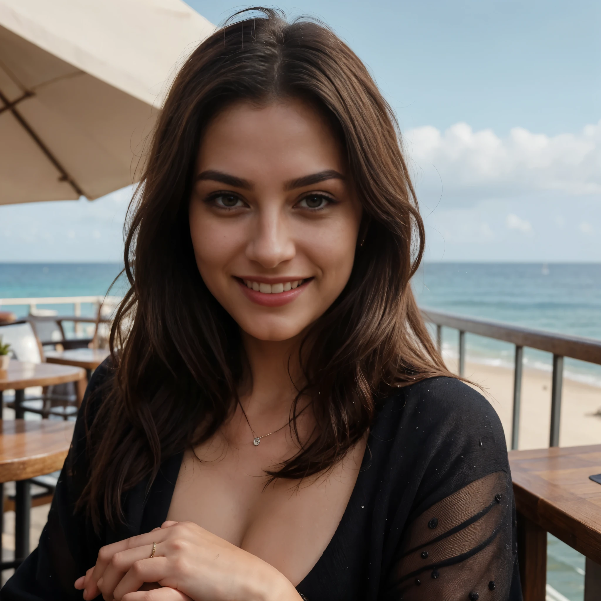 One woman of about 20 years old, black long hair, body measurement 36-25-36, height 5'7", oval face, Hazel eyes, Rich and flamboyant woman wearing trendy clothes and sitting in a cafe by the sea, watching sea, smiling, candid, Full Body full height Shooting, Masterpiece, mobile Photography, daylight, 8k, Top Quality, Photorealistic, Ultra Detailed, (high skin detail:1.2), sharp focus, candid capture