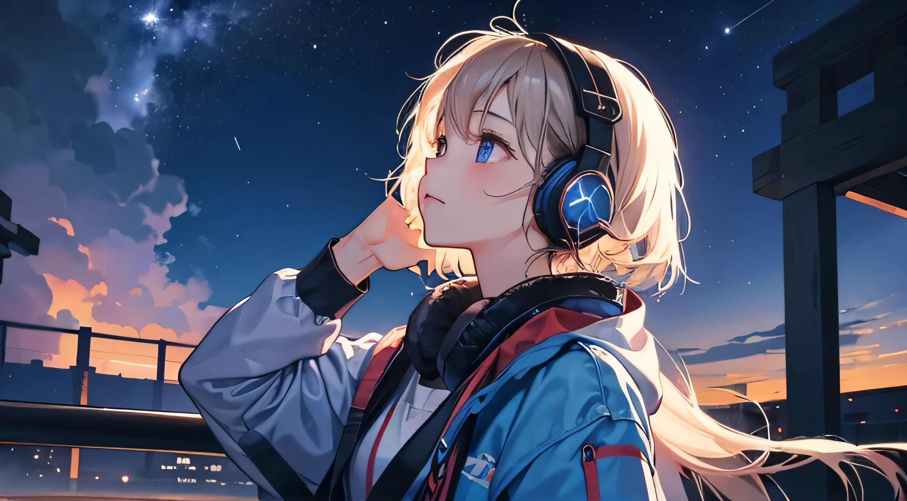 Girl listening to music with headphones。A beautiful night sky in the background。A girl looks up at the night sky。
