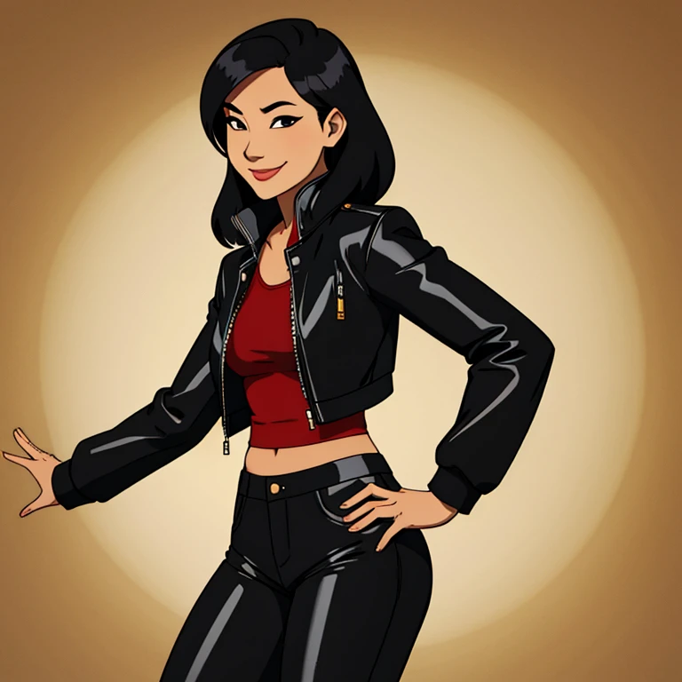 female Asian woman in leather jacket and pants, black hair, wicked smile