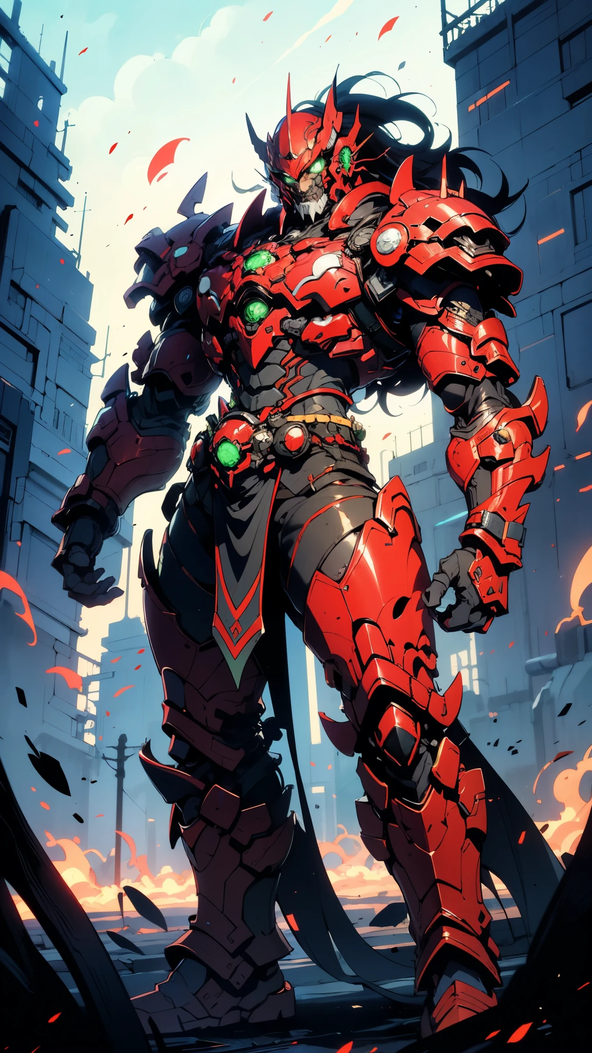 A man wearing a full-face helmet, a fantasy-style biotech armored combat suit, green eyes, (a composite layered chest armor), fully enclosed shoulder guards, matching arm and leg guards, the belt is adorned with dragon claw grasping orbs, (primarily black with red accents), the design balances heavy with agility, a high-tech bio-mecha armor, (lion concept Armor, stand on the top of a skyscraper in a futuristic sci-fi city), this character embodies a finely crafted fantasy-surreal style armored hero in anime style, exquisite and mature manga art style, (element, plasma, energy, the armor glows), ((male:1.5)), metallic, real texture material, dramatic, high definition, best quality, highres, ultra-detailed, ultra-fine painting, extremely delicate, professional, perfect body proportions, golden ratio, anatomically correct, symmetrical face, extremely detailed eyes and face, high quality eyes, creativity, RAW photo, UHD, 32k, Natural light, cinematic lighting, masterpiece-anatomy-perfect, masterpiece:1.5