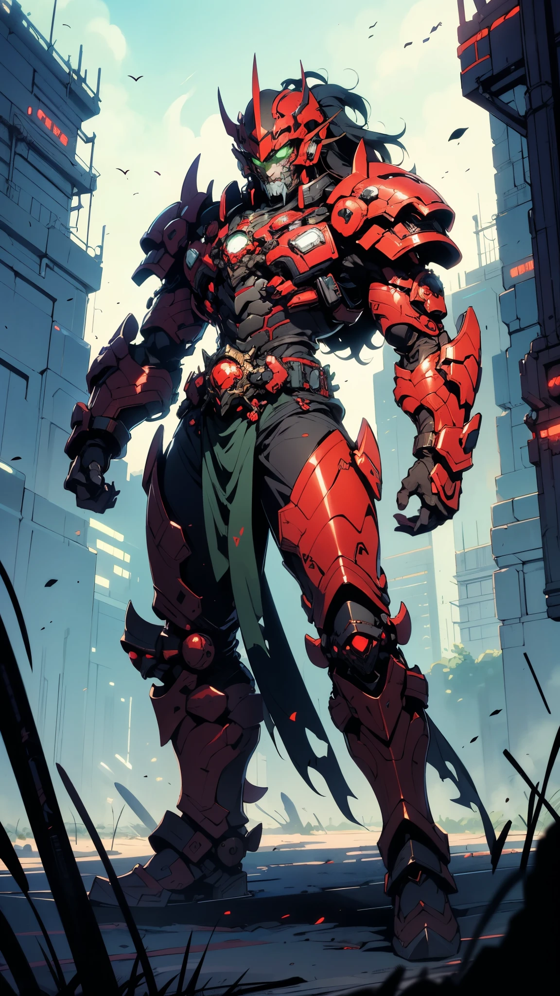 A man wearing a full-face helmet, a fantasy-style biotech armored combat suit, green eyes, (a composite layered chest armor), fully enclosed shoulder guards, matching arm and leg guards, the belt is adorned with dragon claw grasping orbs, (primarily black with red accents), the design balances heavy with agility, a high-tech bio-mecha armor, (lion concept Armor, stand on the top of a skyscraper in a futuristic sci-fi city), this character embodies a finely crafted fantasy-surreal style armored hero in anime style, exquisite and mature manga art style, (element, plasma, energy, the armor glows), ((male:1.5)), metallic, real texture material, dramatic, high definition, best quality, highres, ultra-detailed, ultra-fine painting, extremely delicate, professional, perfect body proportions, golden ratio, anatomically correct, symmetrical face, extremely detailed eyes and face, high quality eyes, creativity, RAW photo, UHD, 32k, Natural light, cinematic lighting, masterpiece-anatomy-perfect, masterpiece:1.5