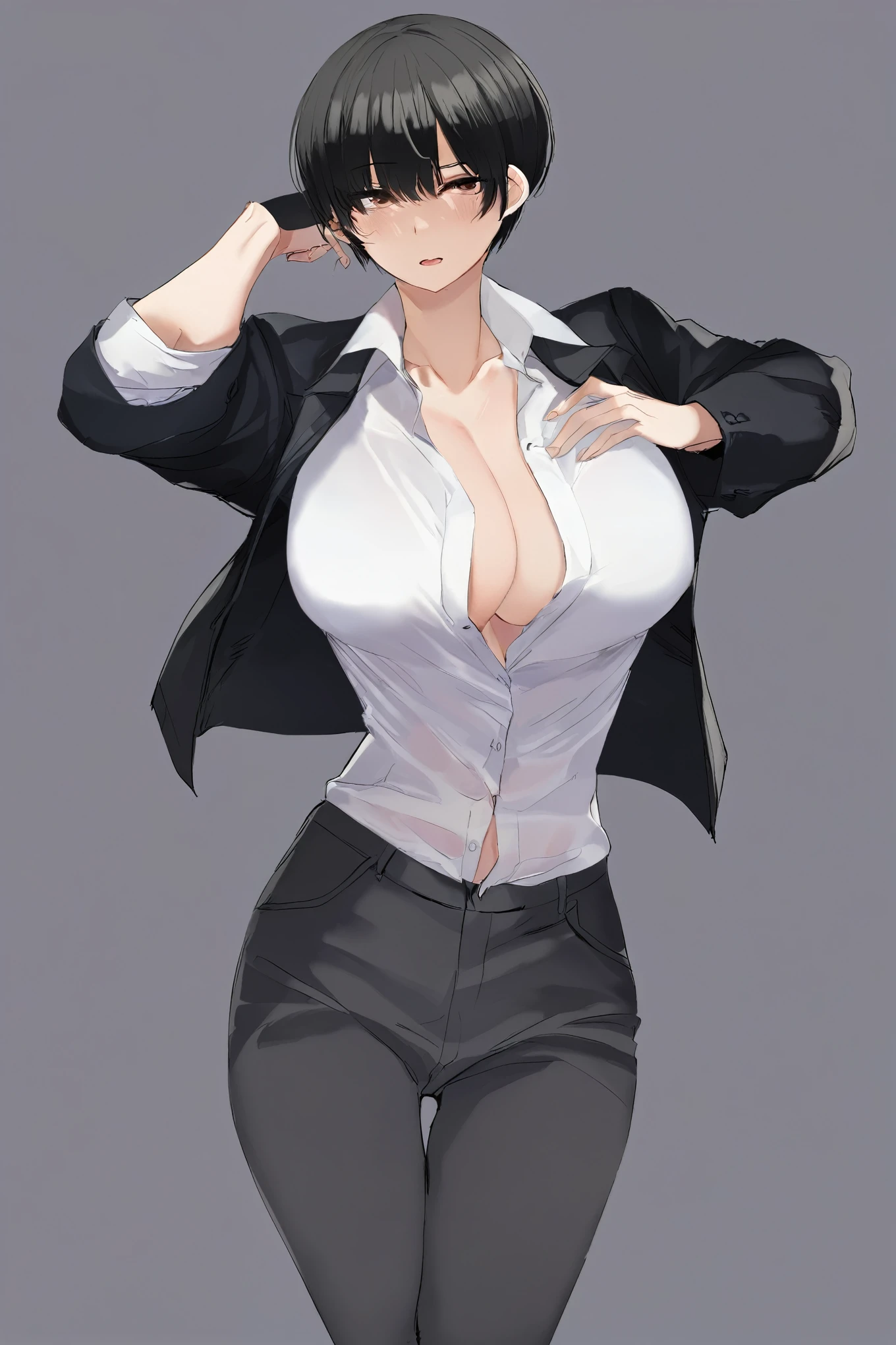 Almost 74,((masterpiece、high quality、High resolution、)) nsfw、milf、woman、1 person、Black Hair、short hair、Huge breasts、front、whole body、front 、Black pants 、White shirt 、Open jacket、Black Jacket