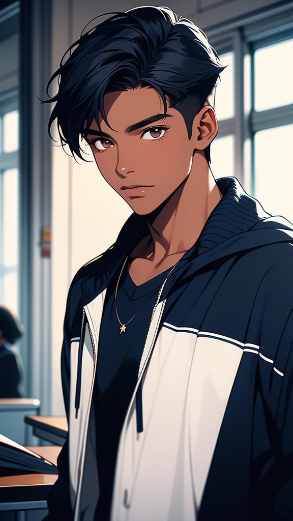 A young black high school student of 18 years of European appearance with dark skin color, straight black hair with a very American cut, dark eyes, and is apparently short, has a gentle face without wrinkles or hair, is wearing white clothes. dark blue English student, he is inside an English secondary school,

