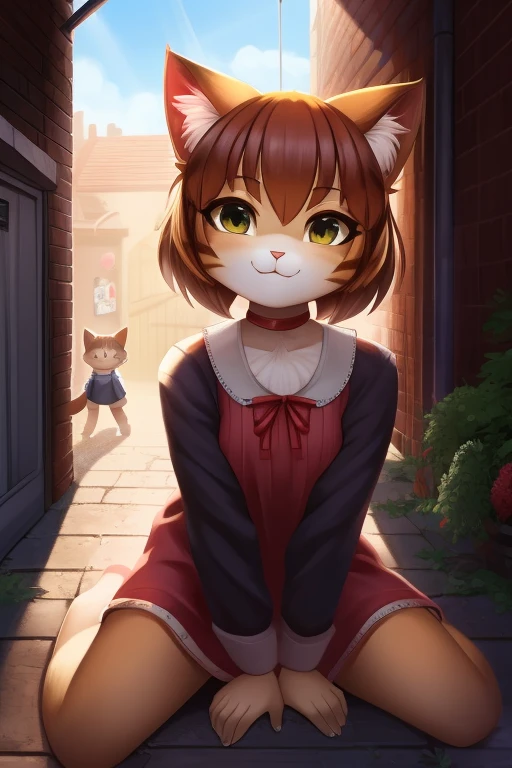 Solo, female, focusing on a cat, Little detailed cats surrounding her, An distinctive image, high resolution, with much detail, eleven little cats and a girl:1.3,

The background is an alley, bathed in detailed sunlight,
Session in progress, with the girl looking towards the viewer,
A frontal view, twelve little cats watching the spectator,4.2,
On the floor, she sits, grassing her knees,
Radiating happiness:1.3,
With a contented smile, and a playful little cat by her side.

Detailed lighting casts sunbeams through the narrow alley,
The session continues, capturing the girl's