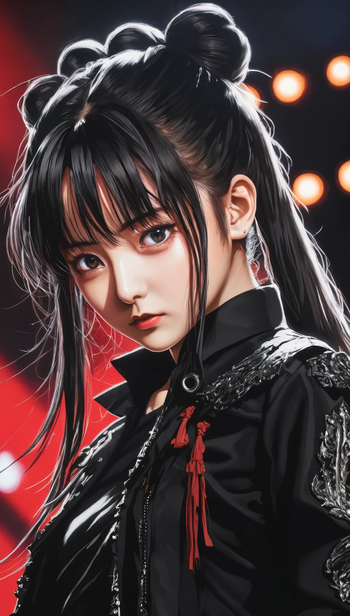 masterpiece, best quality, 1girl, upperbody, babymetal, detailed eyes, black shirt, black jacket, torn clothes, concert, (stage)