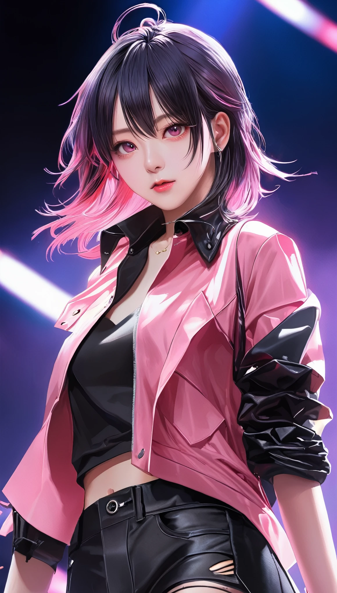 masterpiece, best quality, 1girl, upperbody, jirou, detailed eyes, pink shirt, black jacket, torn clothes, concert, (stage)