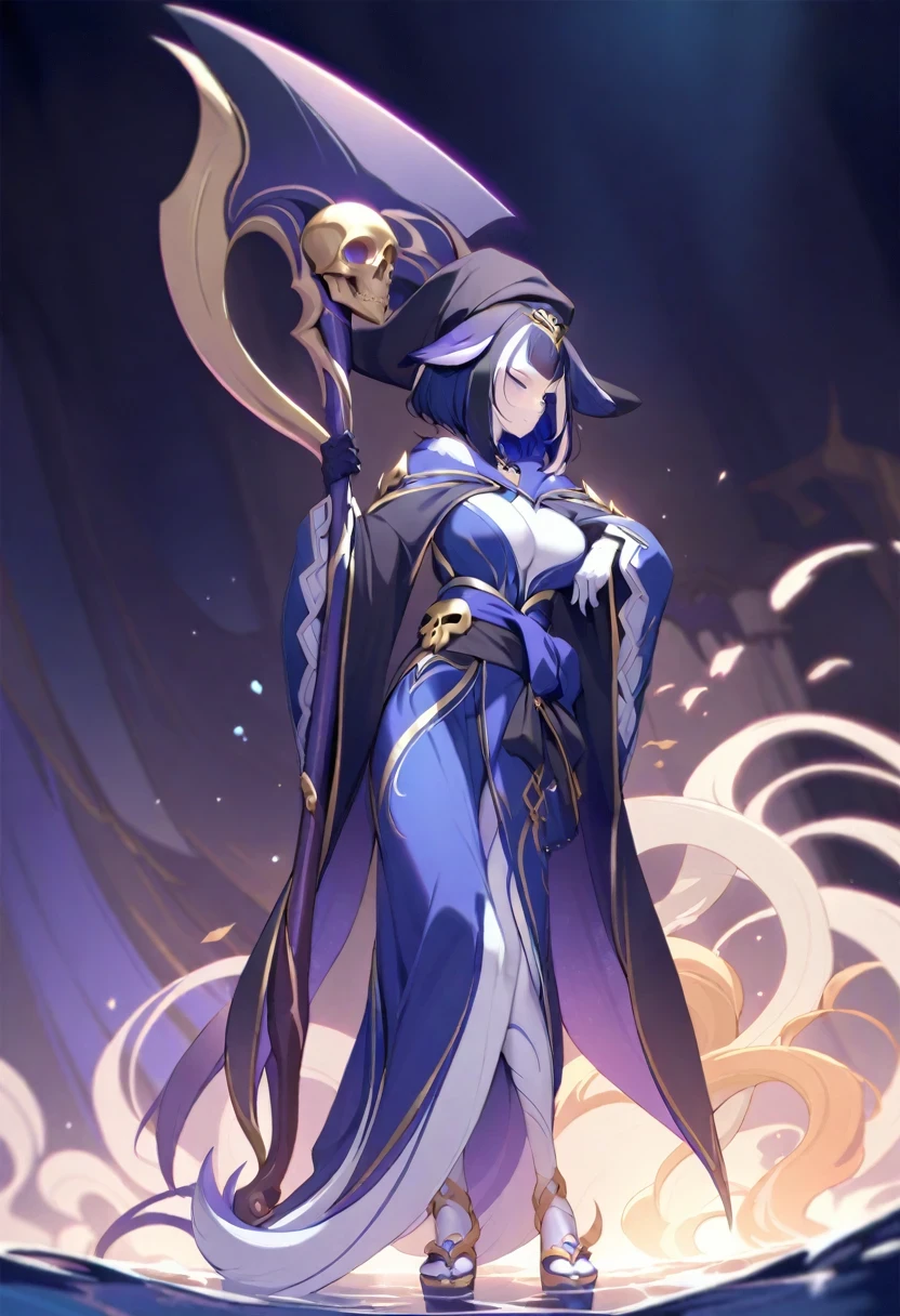 (shylily/(Twich/):1.5),(masterpiece:1.2),(best quality:1.2),(grim Reaper),(Breath of Fire:1.5), gaze, permanent, Watch the audience, full body cloak, (skull embellished robe), A gold skull pendant hangs around the waist, (He wears a golden skull mask on the side of his head), (Armed with a death scythe:1.5), Swim in the mysterious underwater world, Transparent golden glowing golden skeleton, skull boots, Nipple tassels, fire,Phoenix