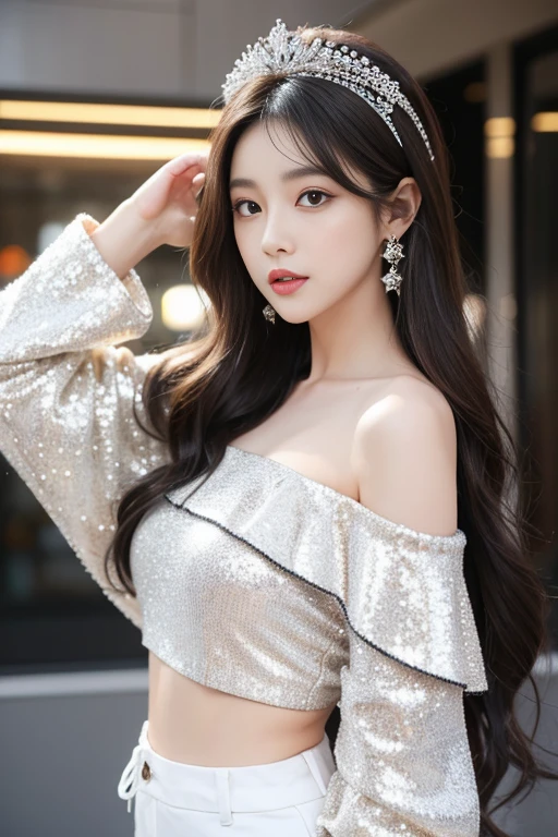 Beautiful kpop woman with long wavy black brown hair and glittering fitted off the shoulder white sparkle K-pop outfit