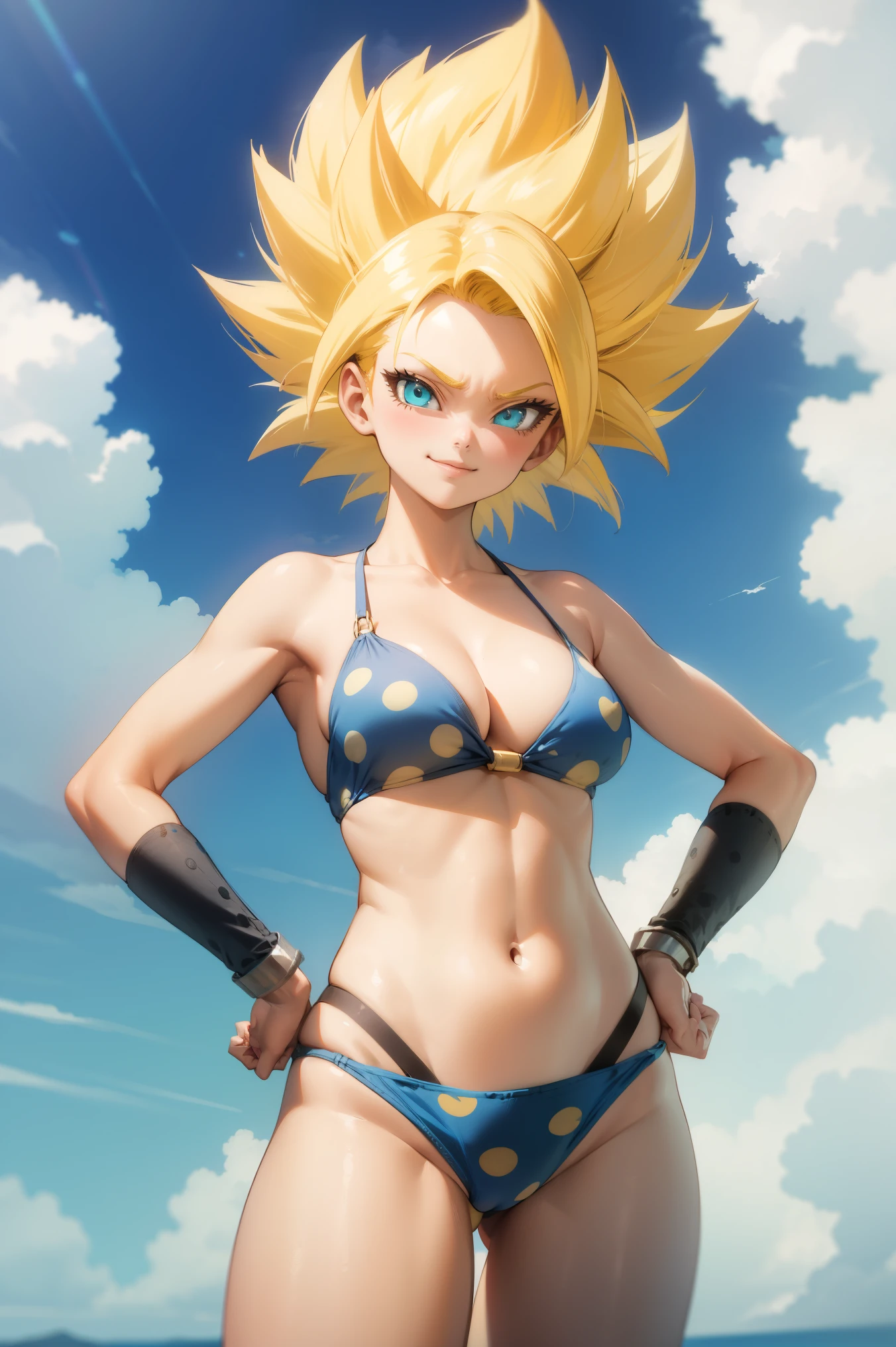 masterpiece, best quality,  ssjcaulifla, blonde hair, aqua eyes, light blue bikini, yellow dot printed bikini, bracers, cowboy shot, looking at viewer, smile, furrowed brow, hands to hips, sky, clouds