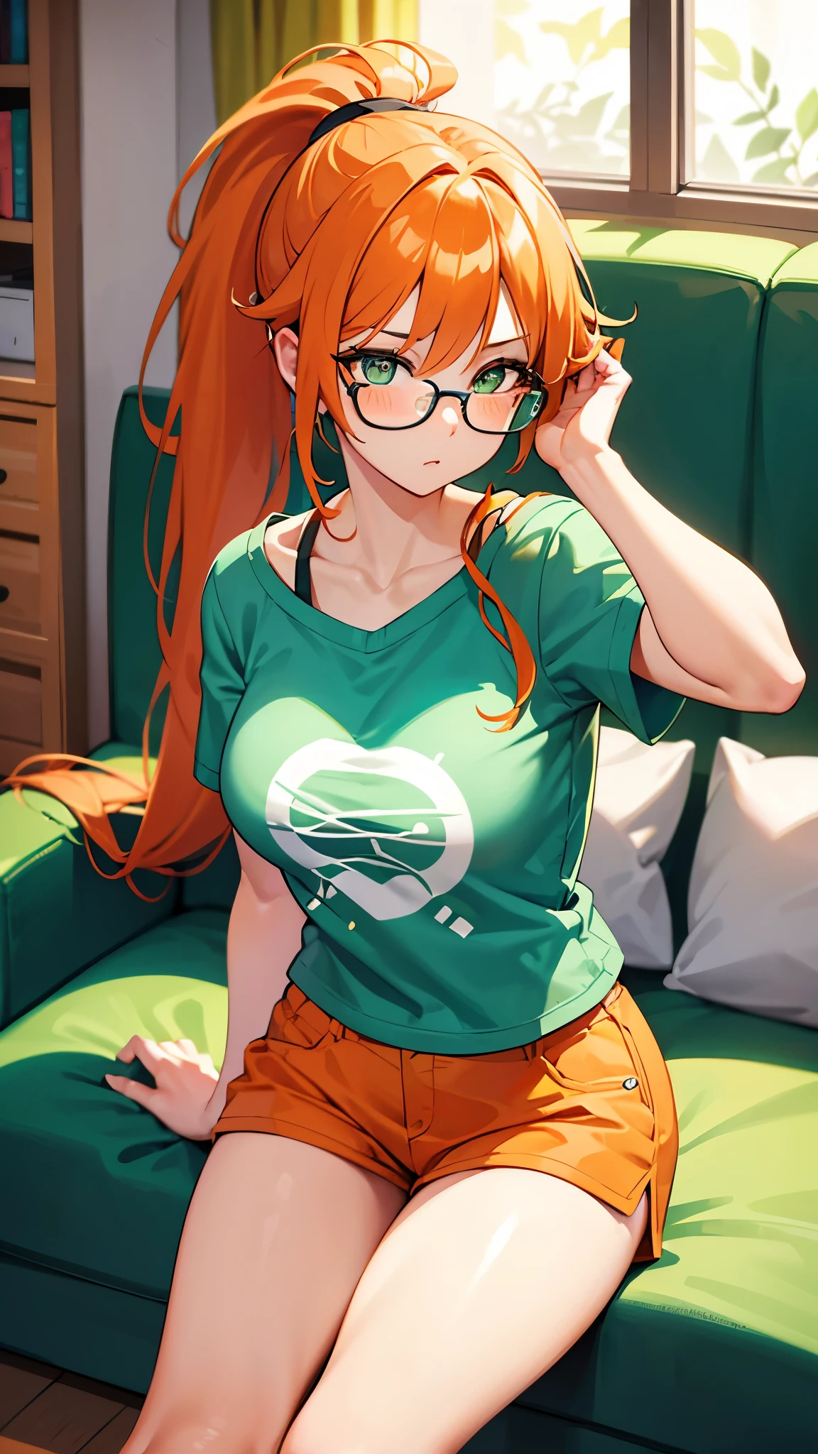 Girl, ponytail hair, orange hair, green eyes, cute girl, glasses, blue t-shirt, hotpants, living room