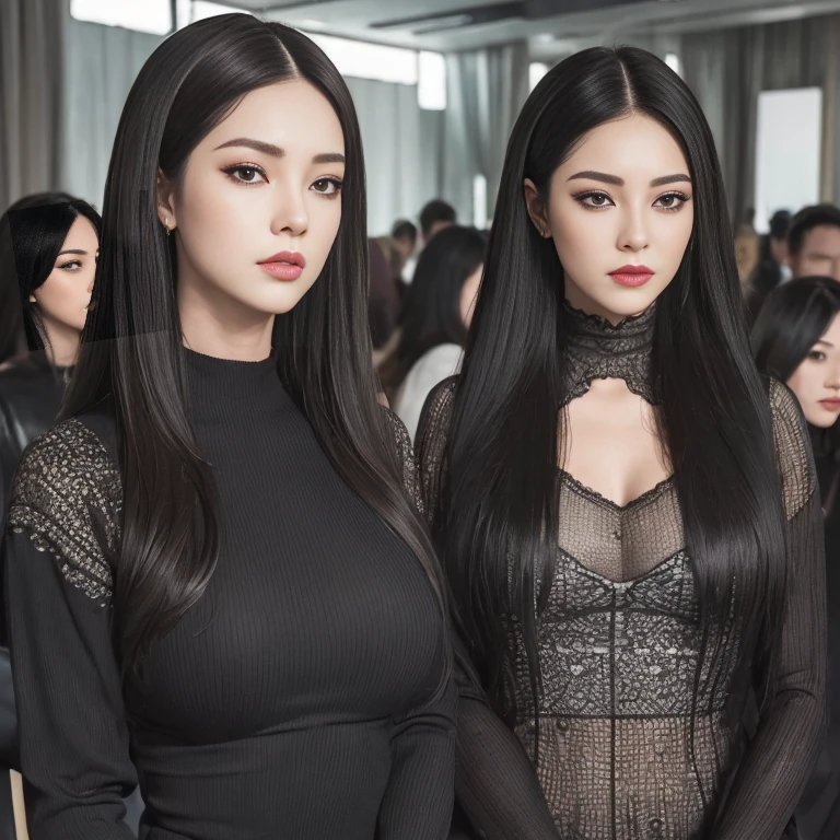 ((Top Quality、16K、masterpiece:1.3))、a tall and beautiful woman、Perfect Figure:1.4、(gothic aesthetic) Slim Abs、(goth girl) black hairstyle、long hair、No postural movement、Stand up straight、Huge bust、Highly detailed facial and skin texture、(A detailed eye, Symmetry Eyes, Clear realistic eyes, Double eyelidd、Cold-stricken face、Symmetrical face), pale-white skin (illuminated, realistic shading sound), goth makeup, Royal sisters full of fans、The Telegraph Esbian、peach buttocks、(black gothic Knit Dress, Very Tight Knit), cleavage, squart、(Raw foto:1.2)、((Photorealcitic:1.4))Top Quality、masterpiece、Real Photography、very delicate and beautiful.、super detailed CG、Unity、8K photo wallpaper、delicate detail、best qualtiy、Highly detailed CG unity 8k wallpaper、absurderes、Incredibly Absurd、huge file size、extremely highly detailed、Hight Resolution、ighly Details、Beautiful detail girl、extremely detailed eyes and face、beautiful delicate eyes、Facial light、cinematic lightings、(big hips, thick thighs, beautiful legs, black pantyhose) 1girll、see -through,Watch your audience, Plane Air, high ponytail、ulzzang-6500、The Telegraph Esbian,