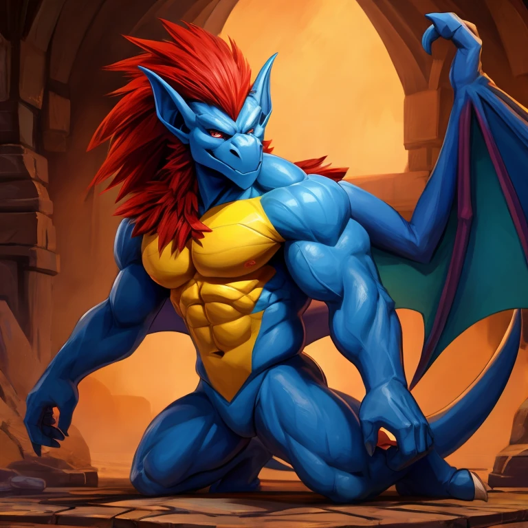 Bulky Gargoyle, pokemon style, angular, red head, blue body, yellow belly.