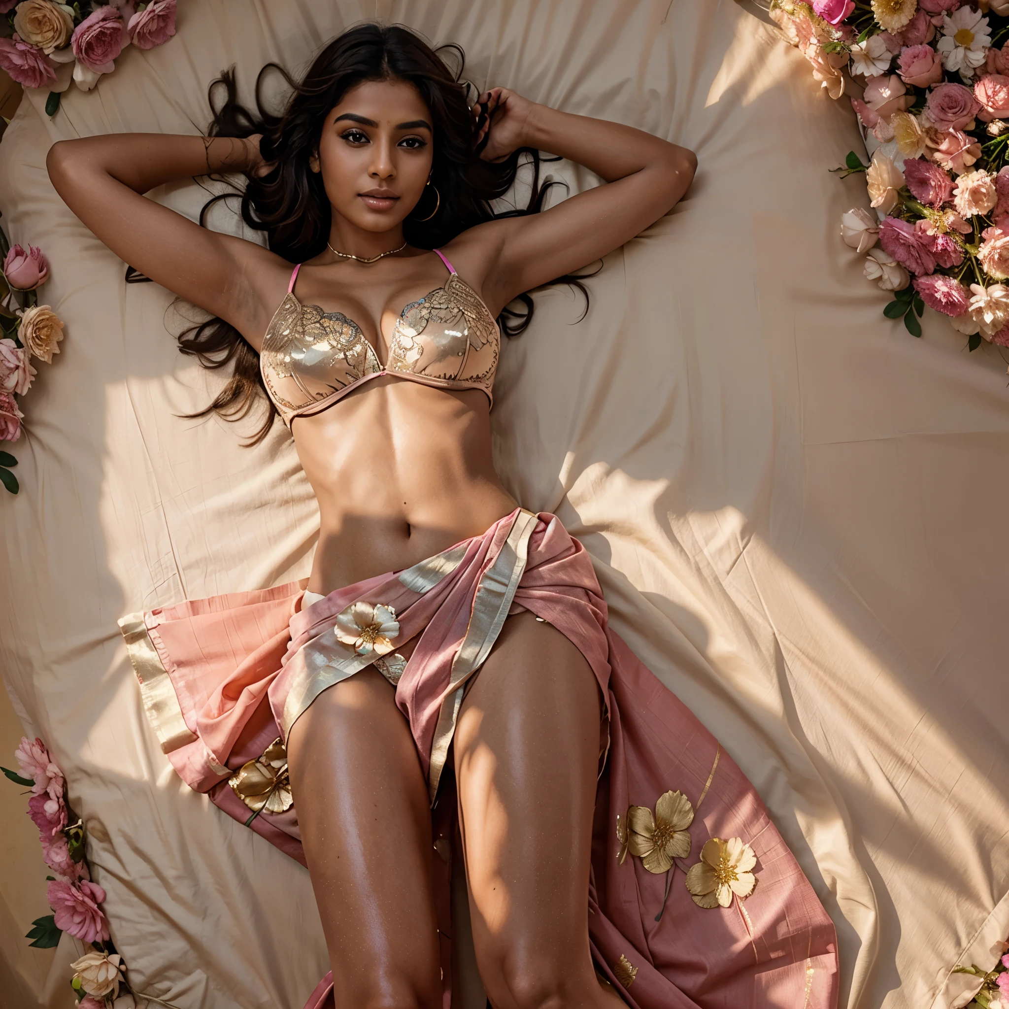realistic full body beautiful Indian woman in a bed of flowers in saree, pink saree with gold flowers on it, best skin tone, best curves, best hair