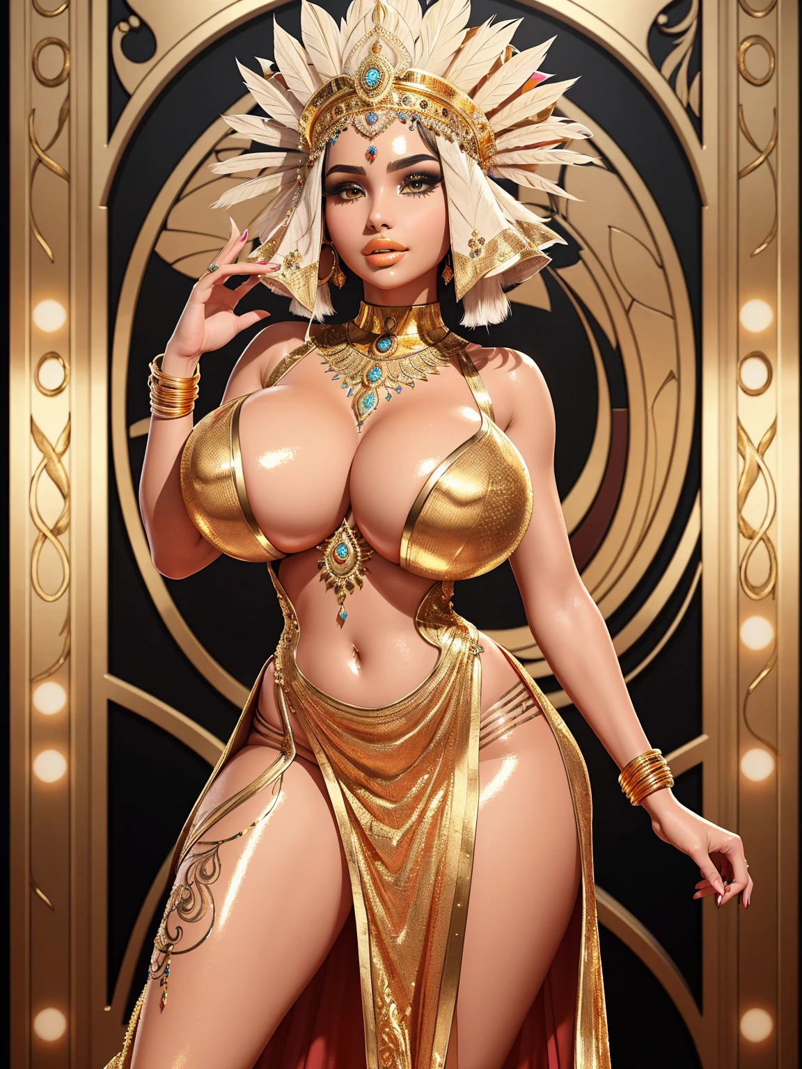 Beautiful sexy Demi Rose as a gorgeous Indian Empress with hourglass body in a sensual pose; ((Gold Indian Empress dress)); standing; ((ultra glossy lips)); ((bright gold lips)); ((Traditional Indian Makeup)); ultrarealistic skin, ultrarealistic face; ultrarealistic body; ((ultrarealistic gold ornaments)); ((gigantic breasts)); ((overflowing huge breasts)); heavily oiled shiny skin; detailed skin; ultra detailed eyes; ultra detailed face; ultra detailed lips; full body symmetrical with thick lines, Fibonacci, golden ratio, 3D metal structure tessellation, neural graphic, neurons, color, love, passion, incredibly detailed, 8k, masterpiece, artstation, surreal