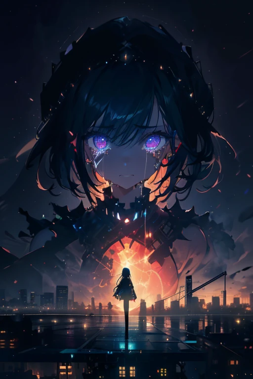 1girl, (((standing on top of a building on the edge))), looking down, (((crying))), tears falling down her face, dystopia, 8k, high quality, (((detailed face))), detailed hands, depressing, sad, raining outside, (((nighttime))), up close