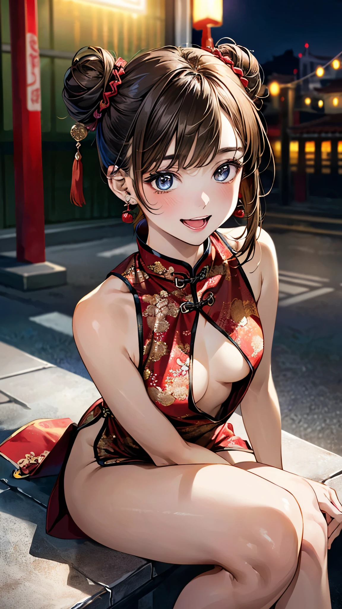 (masterpiece:1.3, top-quality, ultra high res, ultra detailed), (realistic, photorealistic:1.4), beautiful illustration, perfect lighting, natural lighting, colorful, depth of fields, surrealism,
beautiful detailed hair, beautiful detailed face, beautiful detailed eyes, beautiful clavicle, beautiful body, beautiful chest, beautiful thigh, beautiful legs, beautiful fingers, white skin, shiny skin,
looking at viewer, 1 girl, japanese, 18 years old, (perfect anatomy, anatomically correct, super detailed skin), cute and symmetrical face, babyface, perfect face, perfect eyes, perfect fingers,
(middle hair, double bun hairstyle, mocha brown hair), asymmetrical bangs, blue eyes, big eyes, long eyelashes, glossy lips, (medium breasts, seductive thighs), slender, outstanding style,
(detailed cloth texture, bottomless, metallic red chinese mini dress with slit:1.4), earrings,
(beautiful scenery), night, (chinatown:1.5, outdoor restaurant), sitting table, (cute, pretty smile, open mouth small),