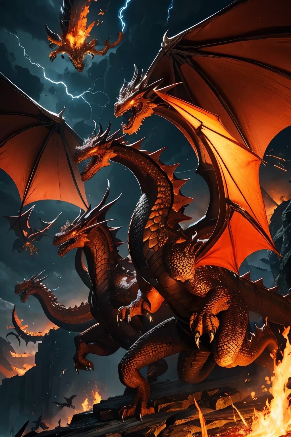 Dragon horde, 5 dragons, flying, lightning, fire