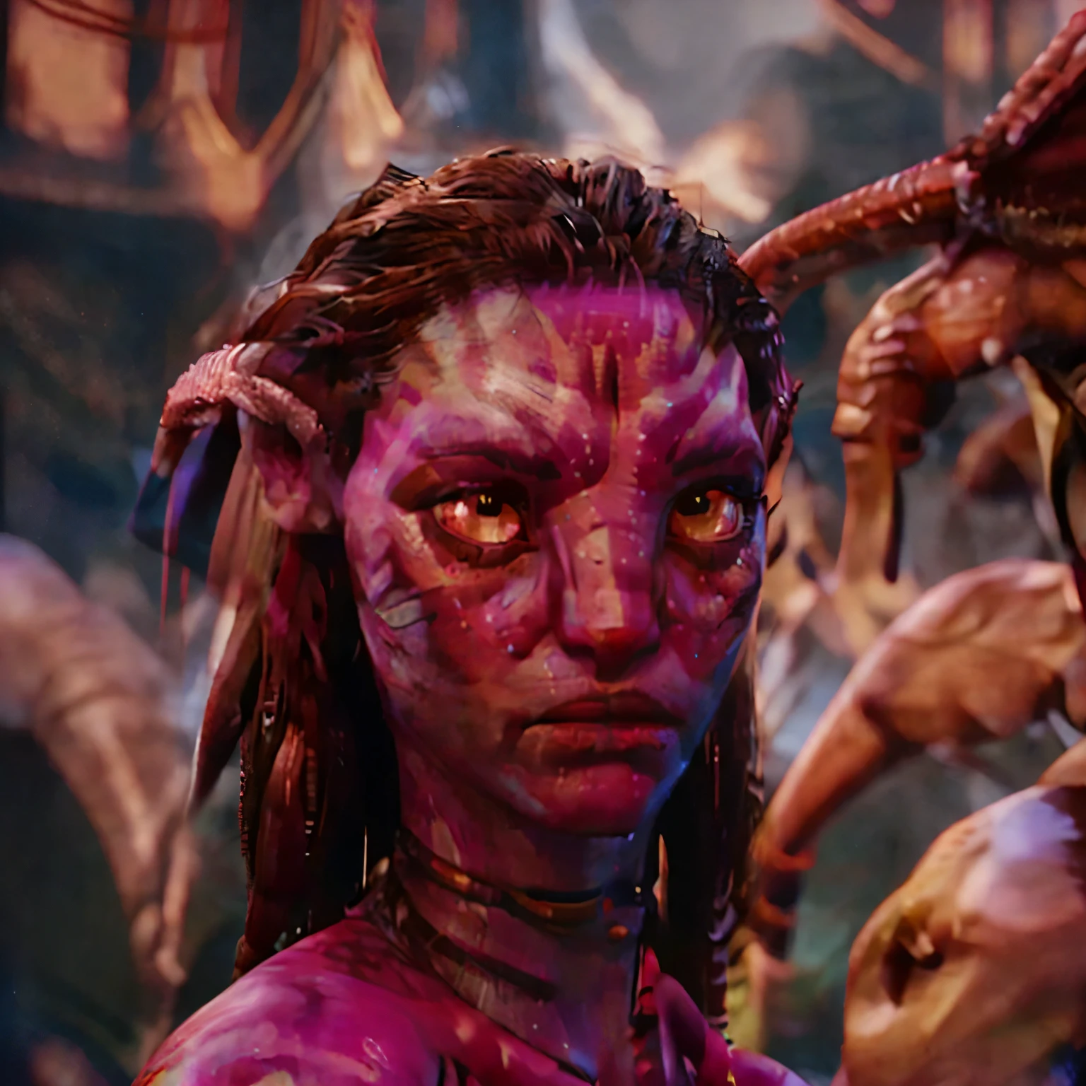 Alien, horns, pink skin, red eyes.