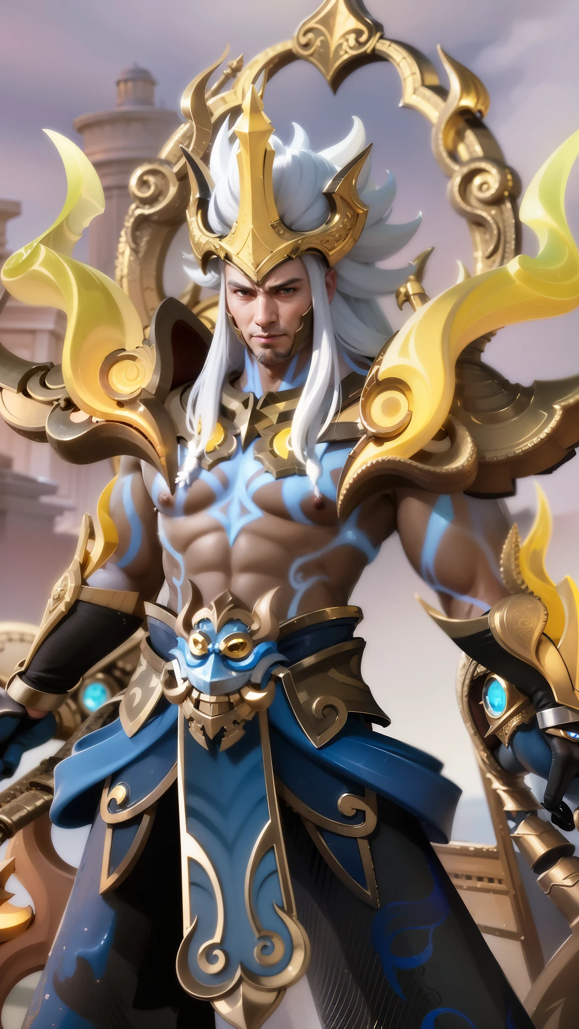 a guy with a sword and a helmet, Masterpiece, ultra HD, detailed all picture, a close up of a devil, dyrroth from mobile legend, evil, extremely detailed artgerm, mobile legends character, inspired by Dyrroth, Six pack chest and abs, black jewel above the chest, light yellow eyes.