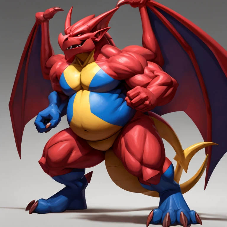 Fat Gargoyle, pokemon style, angular, face is crimson, blue body, yellow belly.