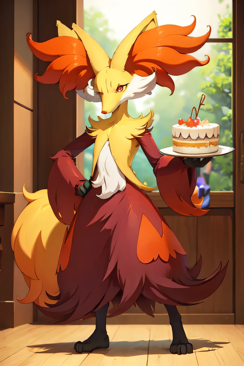 (masterpiece, best quality:1.2), solo, 1male, delphox, furry, multicolored fur, looking at viewer, tail, holding a cake in hand, party cap, full body, standing