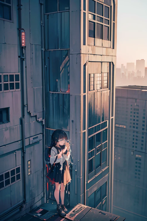 1girl, (((standing on top of a building on the edge))), looking down, (((crying))), tears falling down her face, dystopia, 8k, high quality, (((detailed face))), detailed hands, depressing, sad, raining outside, (((nighttime))), up close