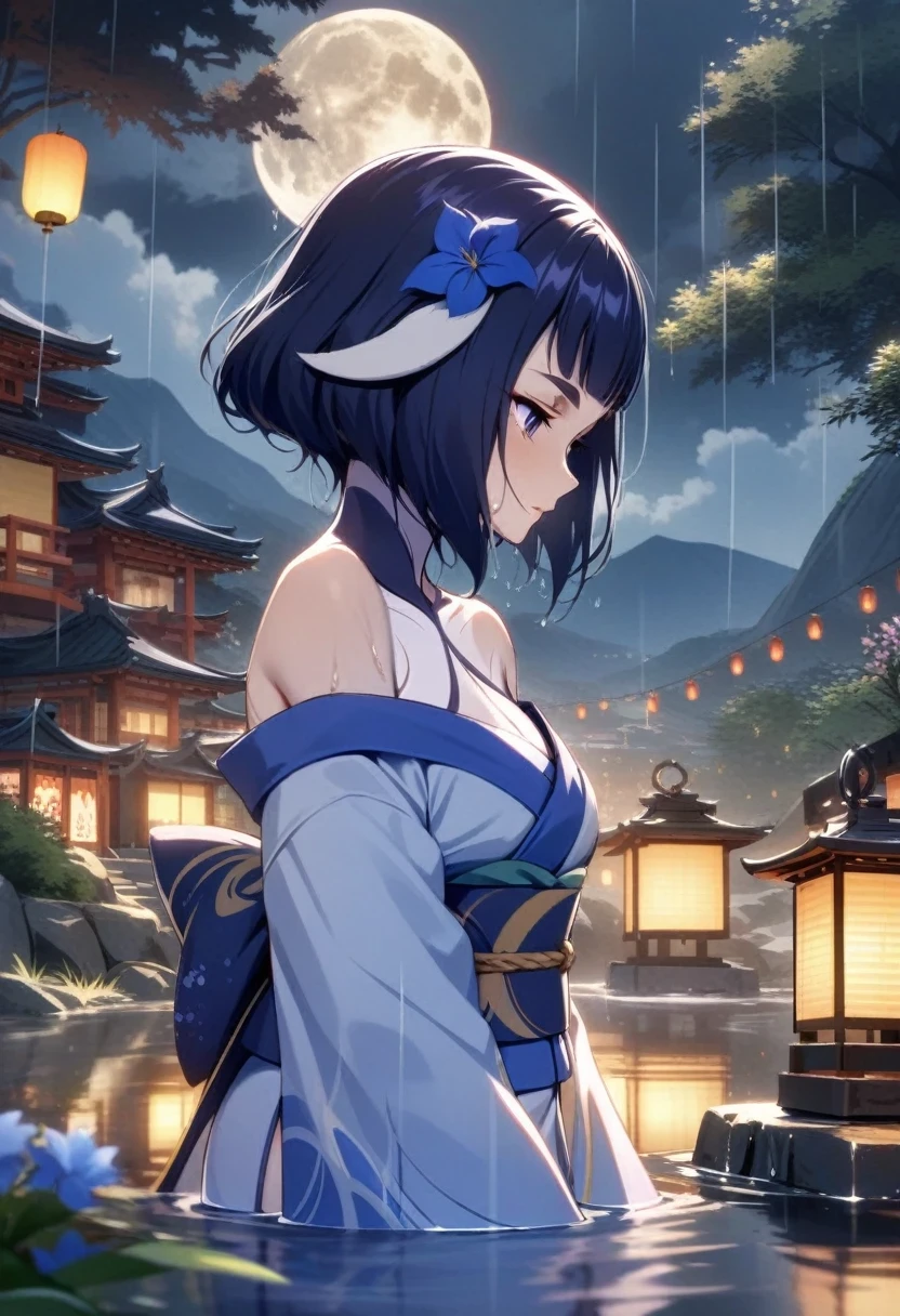 (shylily/(Twich/):1.5),(masterpiece:1.2),(best quality:1.2),1 Girl, breast, moon, lantern, night, Solitary,Hair accessories, wet, kimono, Japanese clothes, 涉water, water, hair flower, flower, outdoor, Sky, full moon, rain, Off-shoulder, Mountain, cloud, Keep, sash, Off-shoulder, paper lantern, permanent, white kimono, night Sky, wet clothes, Bangs, Tree, from the side, reflection, short hair, cloudy Sky, wet hair