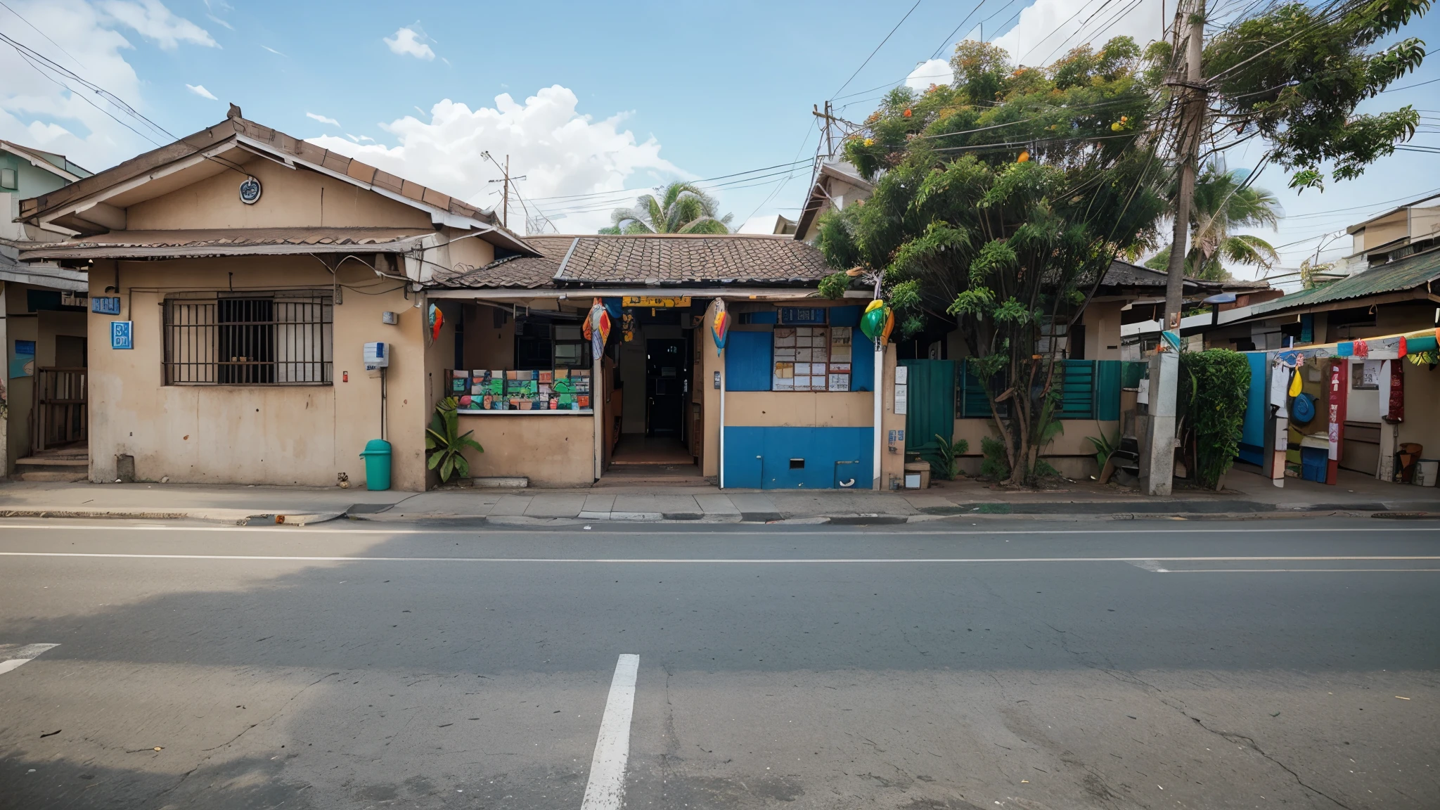 Make landcape of a filipino street with sari sari store on the side and festive decorations