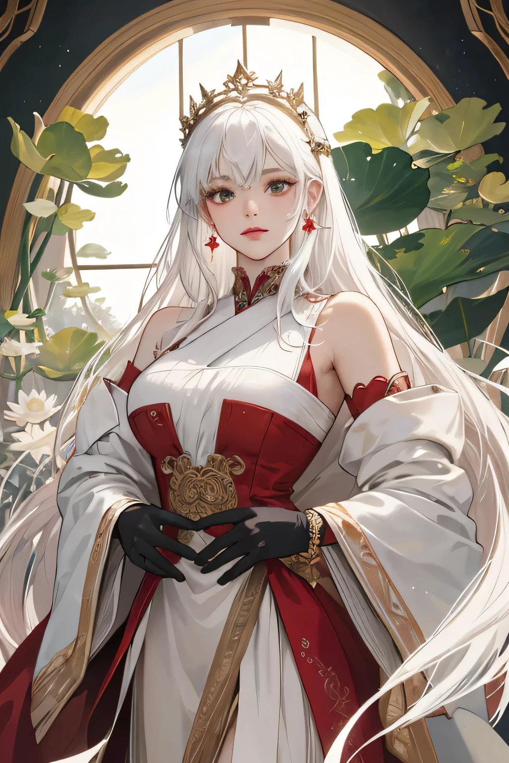 Empress, old women, women, 1 women, beautyfull, power, very tall, big body, perfect body, elegant, kharisma, shine, cool, depicting Equal eyes, (A female god) Look at camera, depicting delicate facial features, red yunani romawi dress, red gloves, gothic style, ribbon, long white hair, extreme detail, delicate depiction, black eyes, royal dress, elegant, noble, royal dress green victorian style, black eyes, black eyes, perfect eyes, jewerlly, white long hair, white long hair, with green victorian style, white lotus robe, gorgeus, dynamic angel