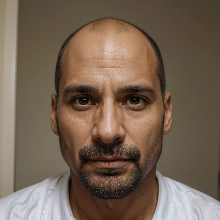 Homem, 38 anos, careca, barba rala, olhos castanhos, calcasiano