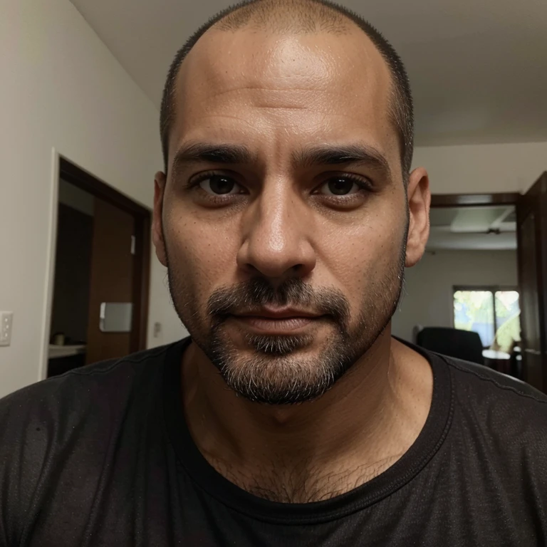 Homem, 38 anos, careca, barba rala, olhos castanhos, calcasiano