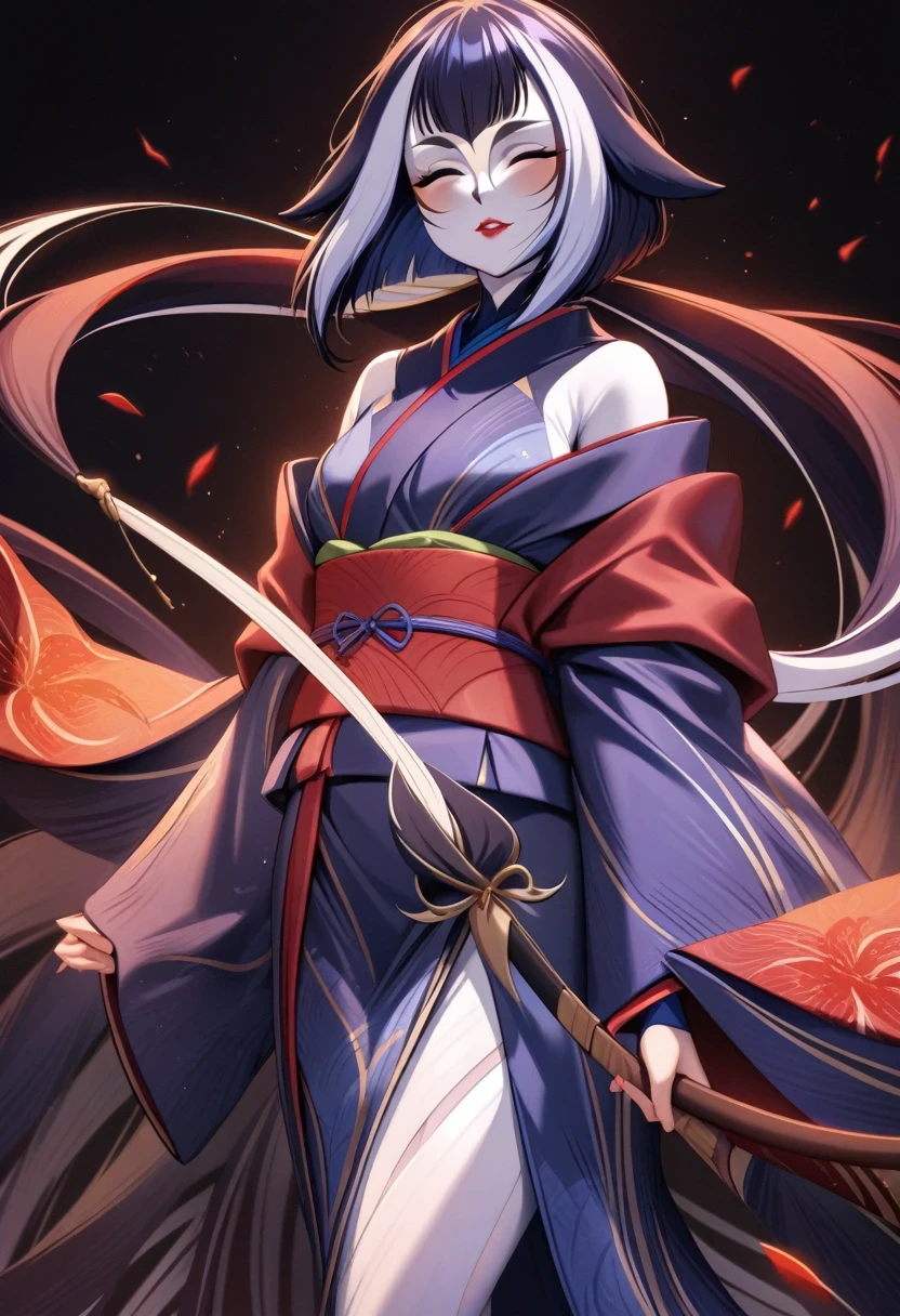 (shylily/(Twich/):1.5),(masterpiece:1.2),(best quality:1.2),Girl in kimono standing with Japanese sword, Medium-length hair, Red lips, Kimono with red cluster amaryllis pattern on black background, Red splash pattern on black background, super high quality, Ultra-fine details, Ultra-fine kimono pattern