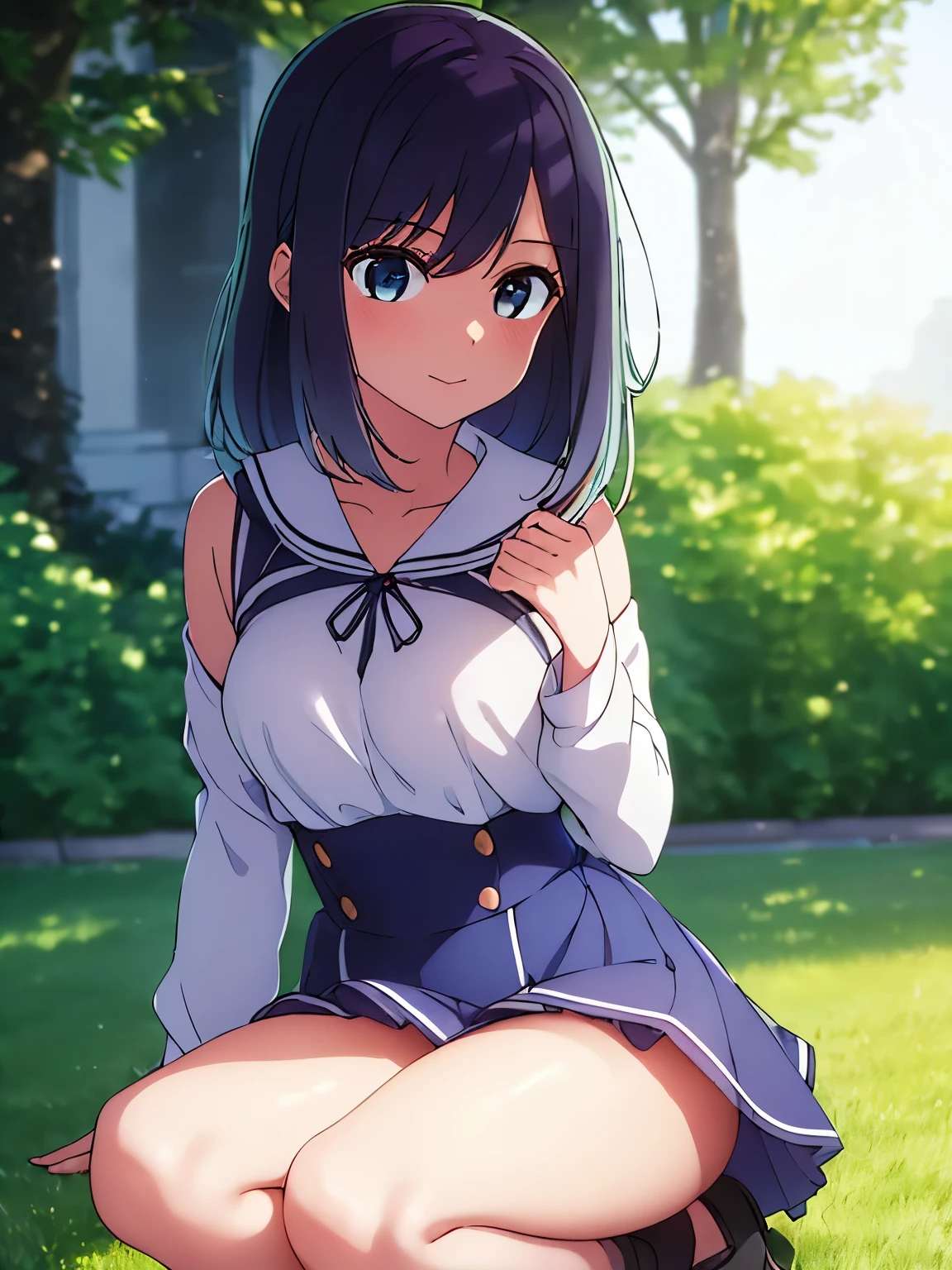 anime - style image of a woman in a white bra top and panties, seductive anime girl, marin kitagawa fanart, makoto shinka, rin, small curvy , anime best girl, sexy pose, smooth anime cg art, asuka suit under clothes!, cushart krenz key art feminine, ayaka genshin impact, zerochan art, white panties,cameltoe,full body,white pantyhose,squatting,pantyshot,å©•ä¸,1girl,star earrings,solo,black hair,braid,medium hair,bangs,bright pupils,brown eyes,hair between eyes,white pupils, 1akebi komichi, elegant tiara
metal collar,neck ribbon,white shirt,black ribbon,center frills,corset dress,blue dress,long sleeves,frilled skirt,medium breasts,collarbone,smile, blush,
mary janes,outdoors,grass,wind,wind lift,falling leaves,, Exquisite visuals, high-definition,masterpiece,best quality,, 18yo,Young female,Beautiful Fingers,Beautiful long legs,Beautiful body,Beautiful Nose,Beautiful character design, perfect eyes, perfect face,expressive eyes, white sailoruniform
official art,extremely detailed CG unity 8k wallpaper, perfect lighting,Colorful, Bright_Front_face_Lighting,shiny skin, 
(masterpiece:1.0),(best_quality:1.0), ultra high res,4K,ultra-detailed, (One lady)、(​masterpiece)、(best qualtiy)、(ultra-detailliert)、(a high chroma)、(CG Illustration)、((Full Angle))、Female, 18 years old、Delicate beautiful face、(red blush)、(Wavy long hair、Dark black hair)、(dishevled hair)、((Shoulder top))、See-through clothes:1.3、((Black stockings))、(Pink Lace Panties)、(Dark blue pleated skirt)、(teats)、breasts of medium size,、((turned around))、(Woman sitting on the floor)、The best lighting、simple background
photography, 8K, HDR, highres, absurdres:1.2, Kodak portra 400, film grain, blurry background, bokeh:1.2, lens flare, (vibrant_color:1.2), (beautiful_face:1.5),(narrow_waist), ,NSFW, masterpiece, best quality, kurokawa_akane, closed_mouth, collarbone, school_uniform, looking_at_viewer, neckerchief, outdoors, sailor_collar, school_uniform, serafuku, smile, solo, upper