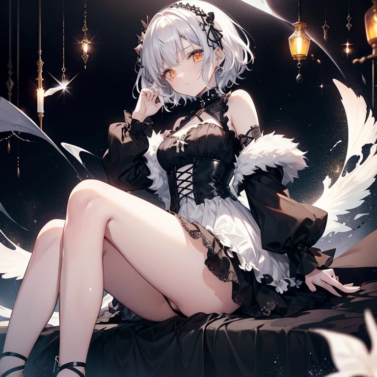 White gothic dress、Black Onyx、、age girl、Bare legs、Silver short hair、Orange Golden Eyes、fantasy、White gothic dress、I don't wear it inside、Black diamonds、olivine、Ametrine、Golden Sapphire、Shoulders outward、Visible armpits、From the beginning、Show your feet to the audience, Big Ass,thigh、 (Introduction to legs), From the beginning ,1 Girl, Solitary, Medium chest, side hair ribbon, sleeveless, soles of feet、shy laughter、Mole under the eye、sleeping position in bed、Five fingers、2 arms、2 legs、